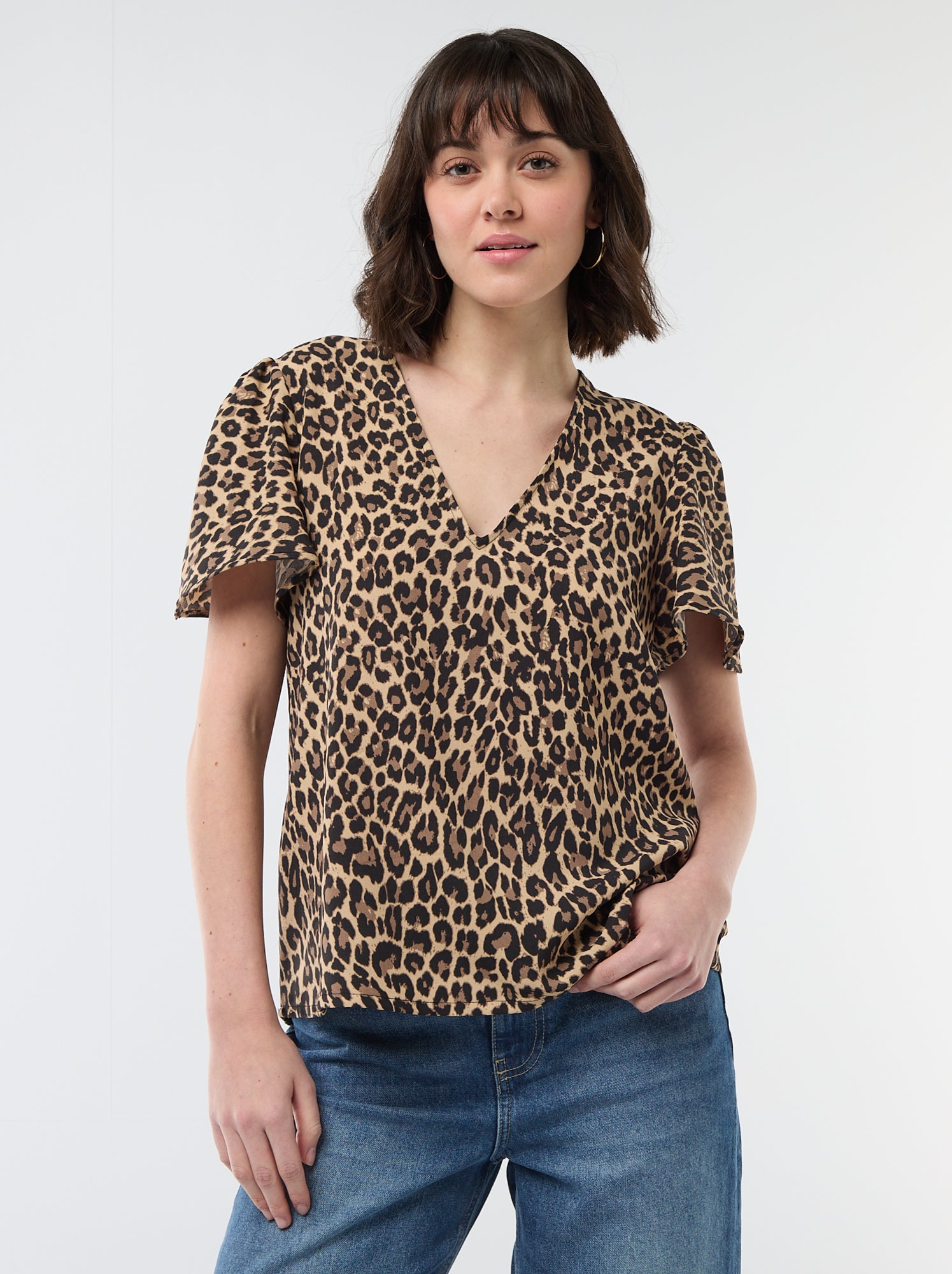 Blouse à manches courtes et col V - Beige