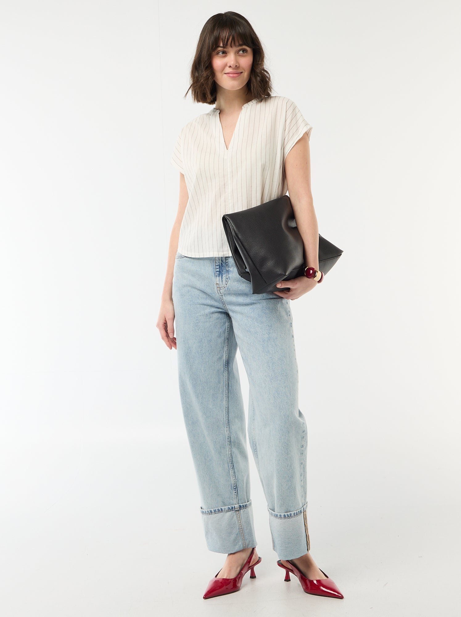 Blouse à manches courtes et col V - Blanc