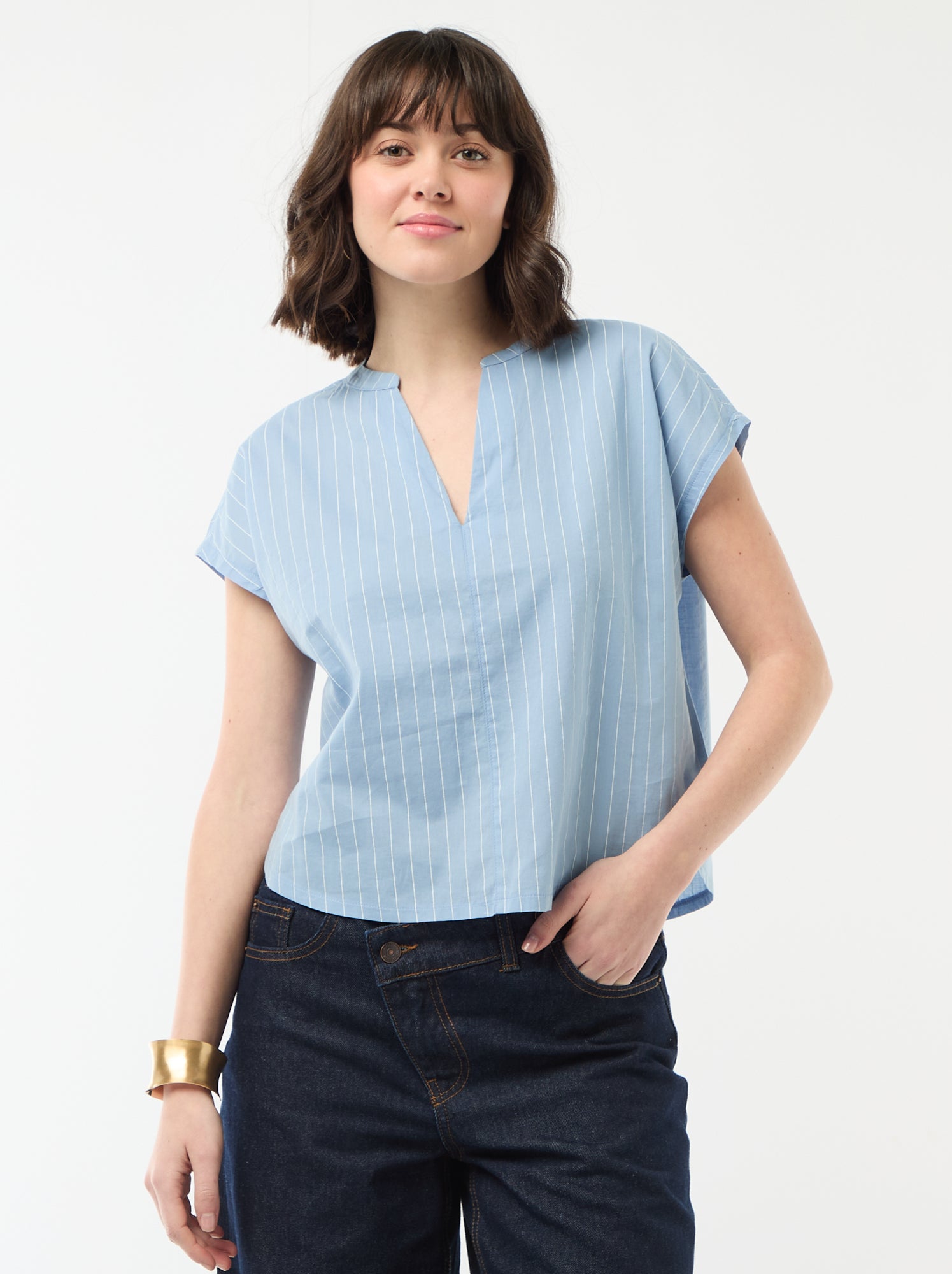 Blouse à manches courtes et col V - Bleu