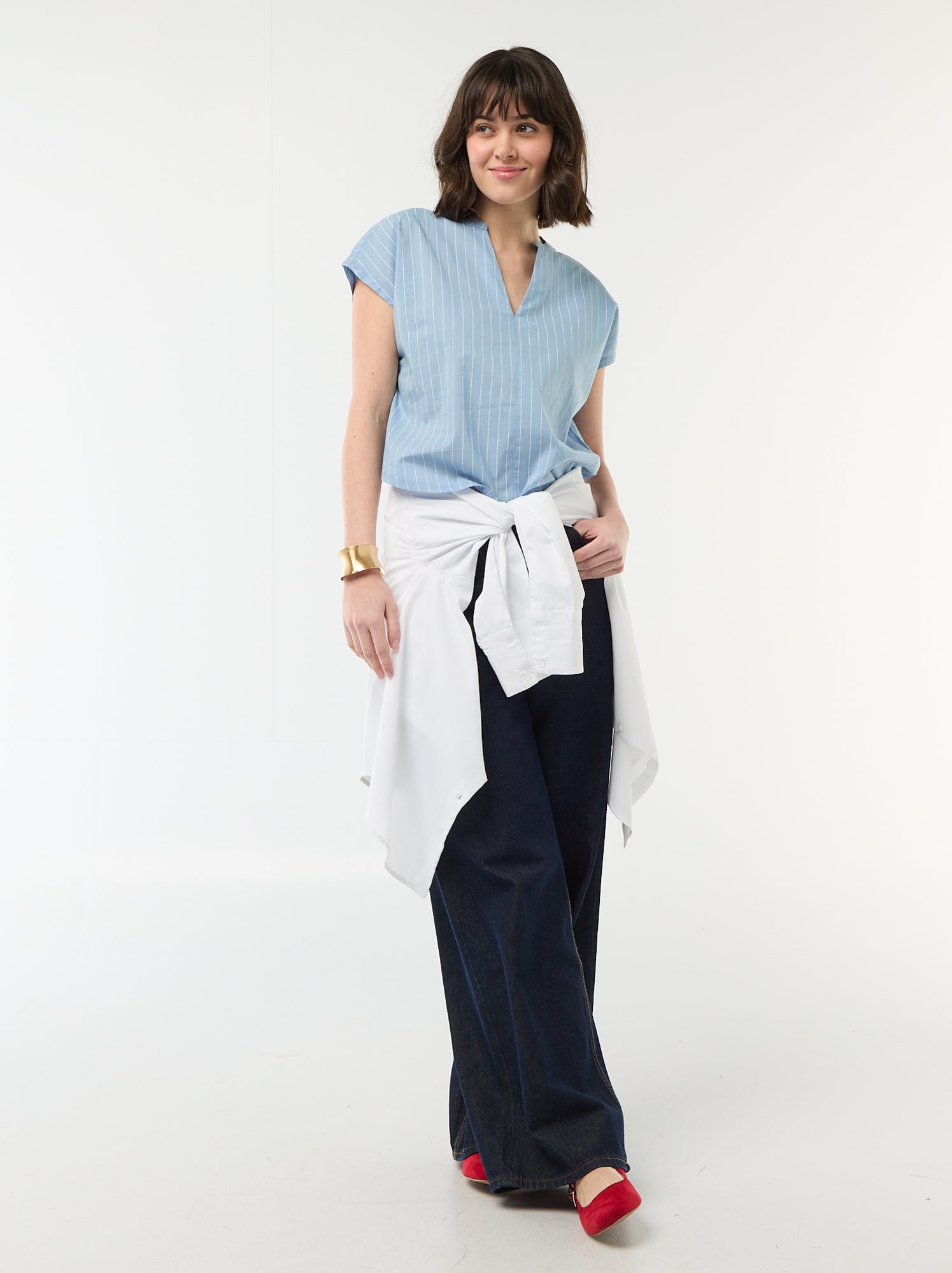 Blouse à manches courtes et col V - Bleu