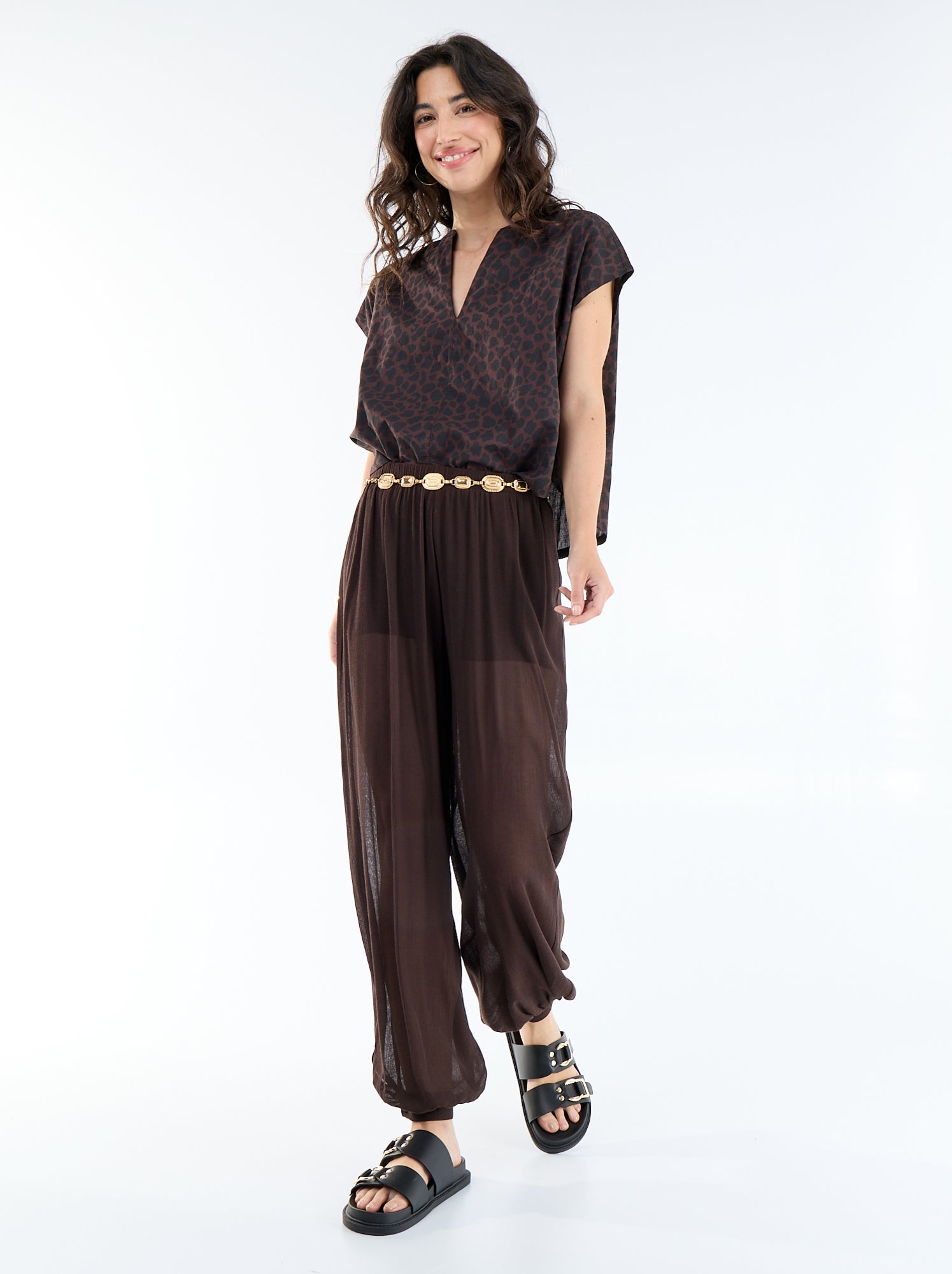 Blouse à manches courtes et col V - Marron (FEM64_10)