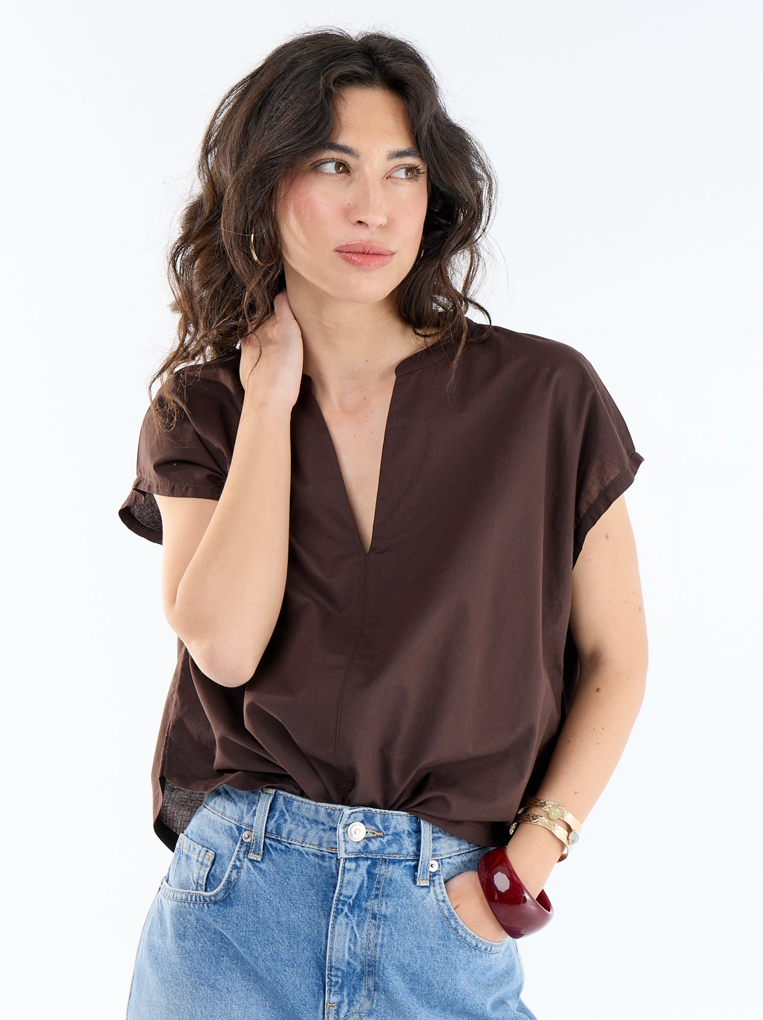 Blouse à manches courtes et col V - Marron (FEM64_9)