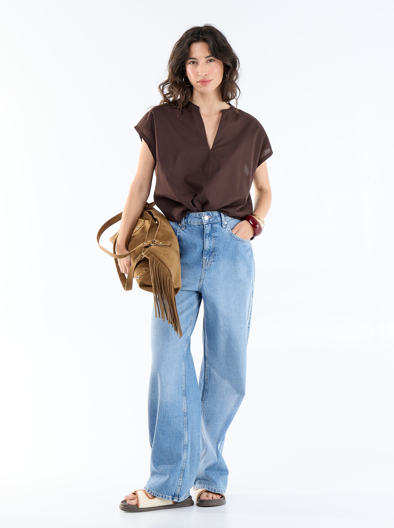 Blouse à manches courtes et col V - Marron (FEM64_9)