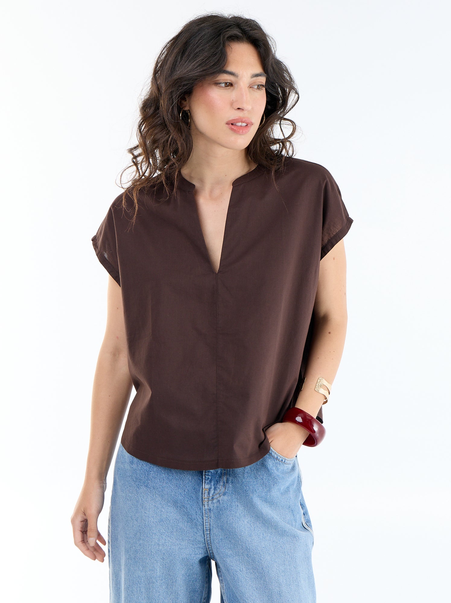 Blouse à manches courtes et col V - Marron (FEM64_9)