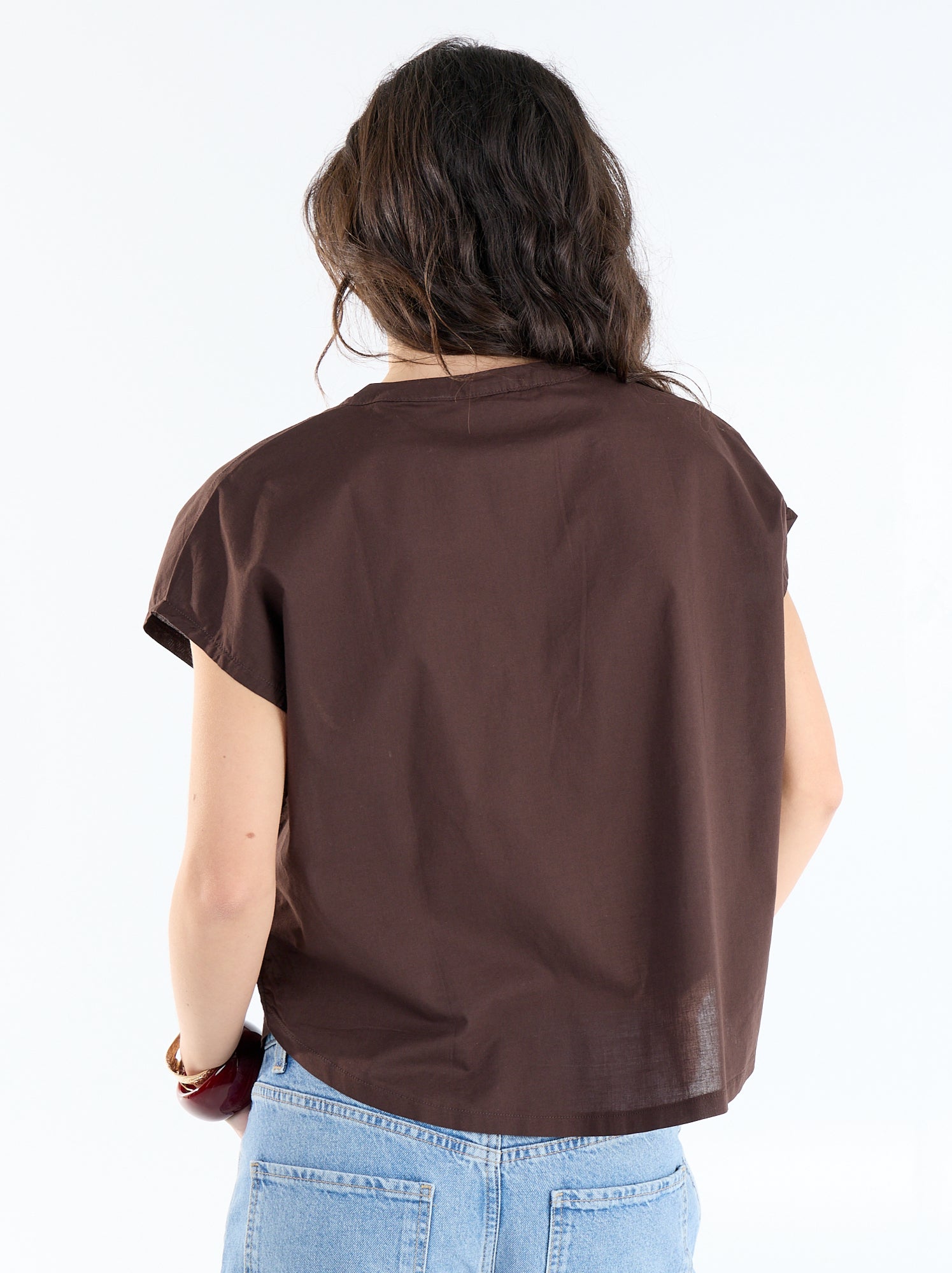Blouse à manches courtes et col V - Marron (FEM64_9)