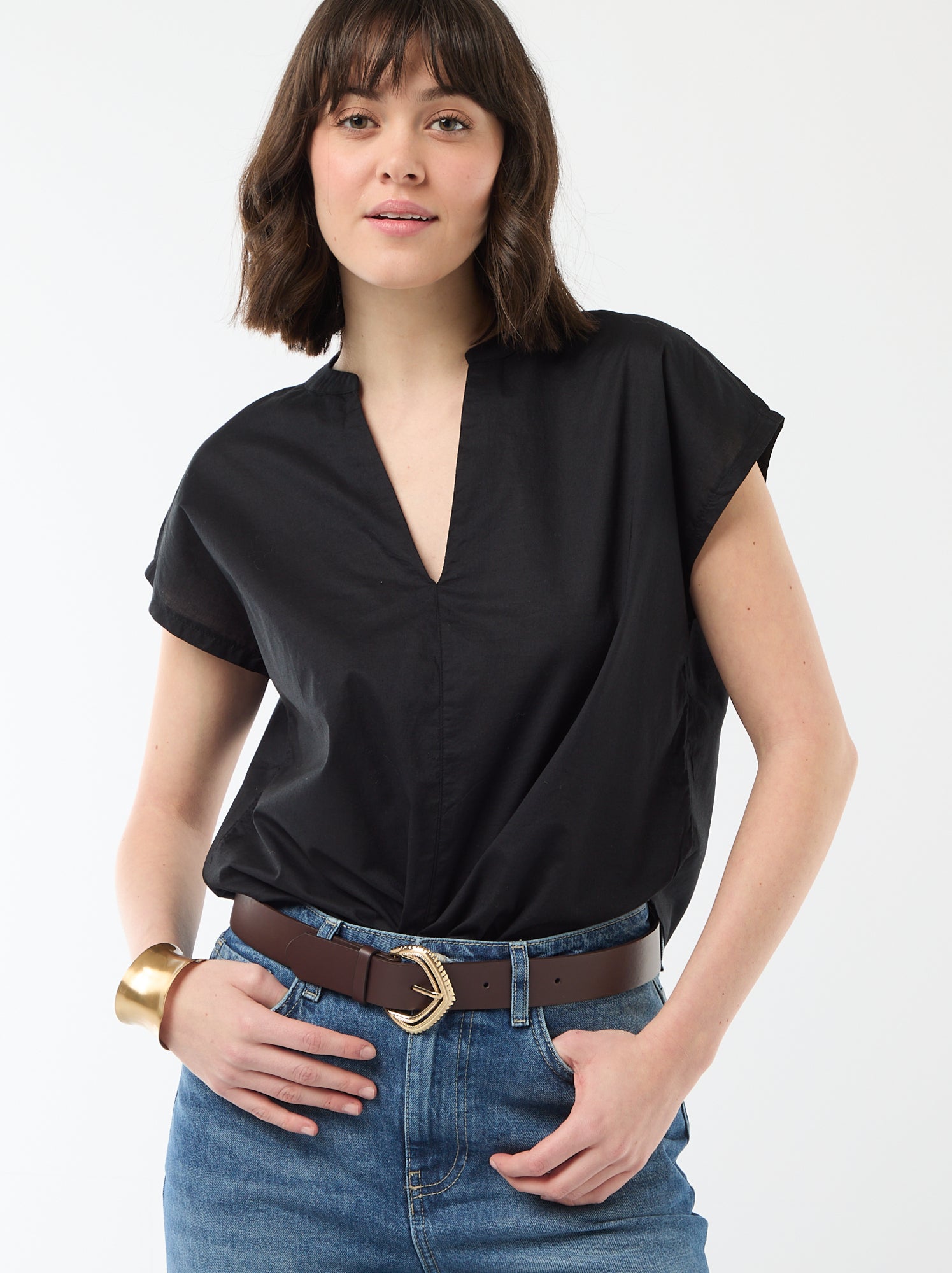 Blouse à manches courtes et col V - Noir