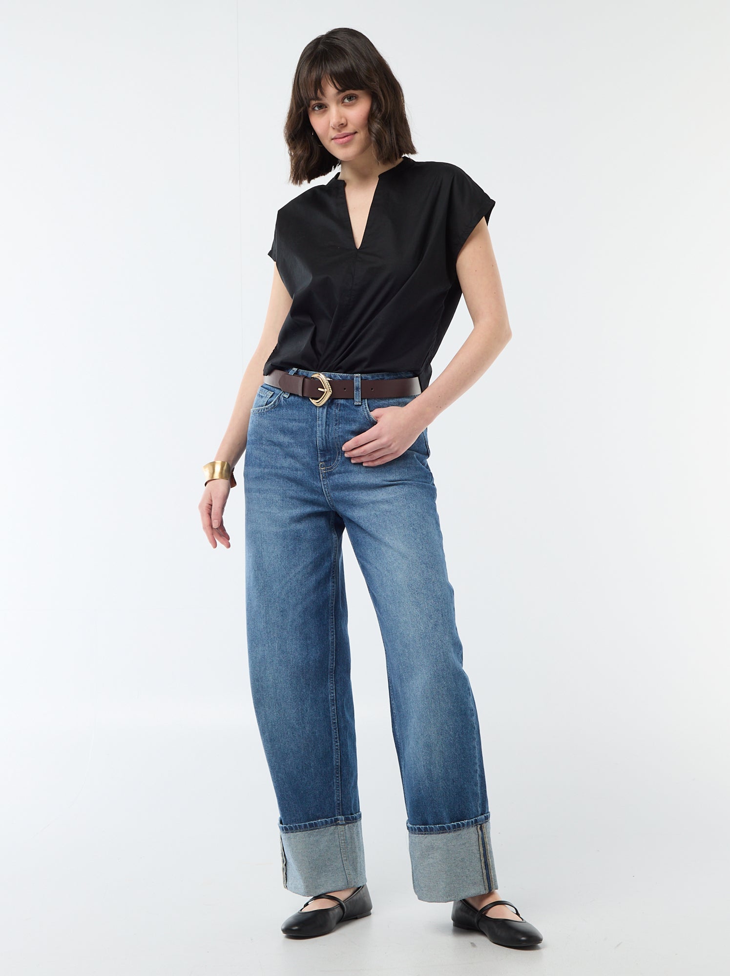 Blouse à manches courtes et col V - Noir