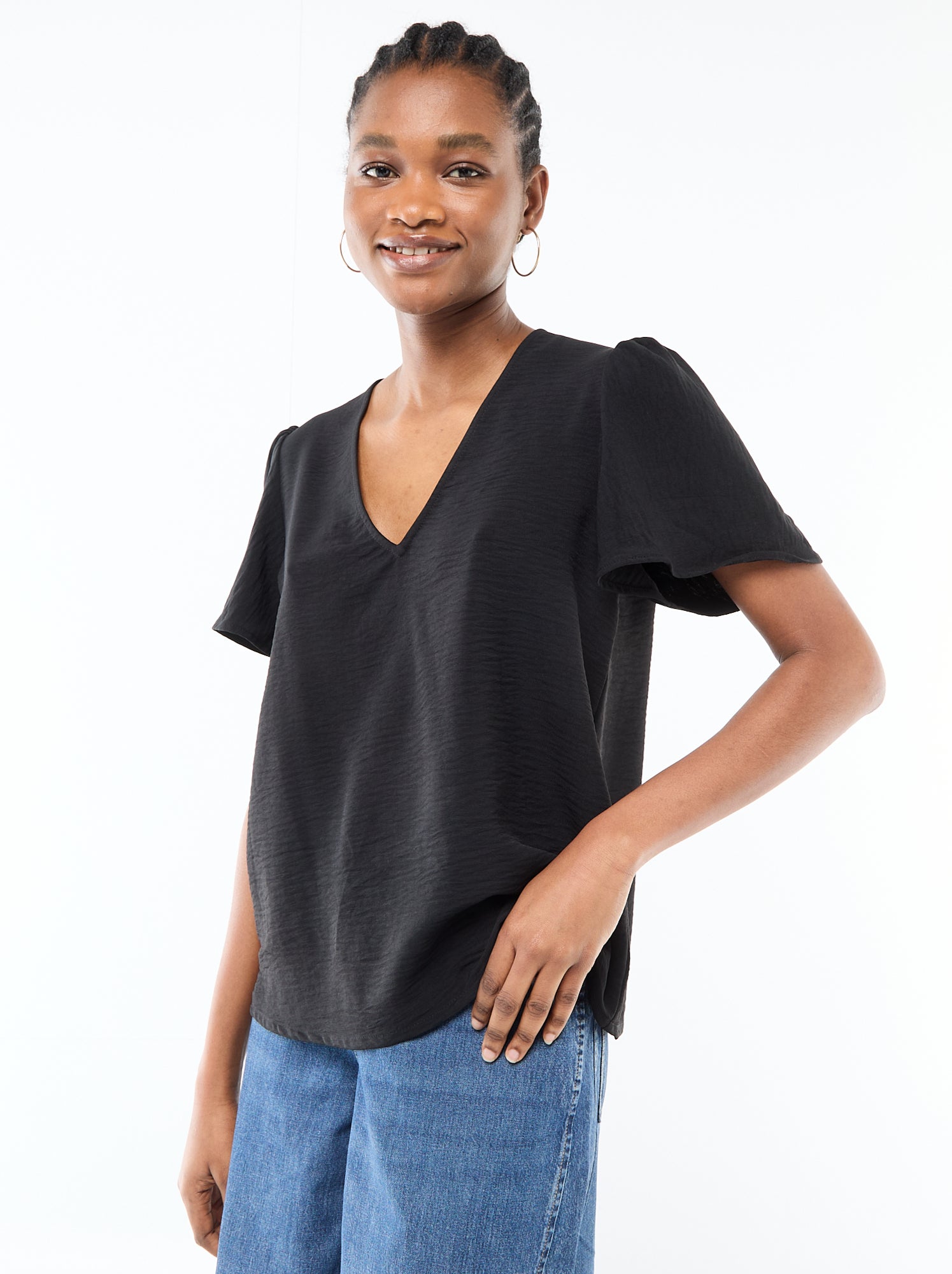 Blouse à manches courtes et col V - Noir
