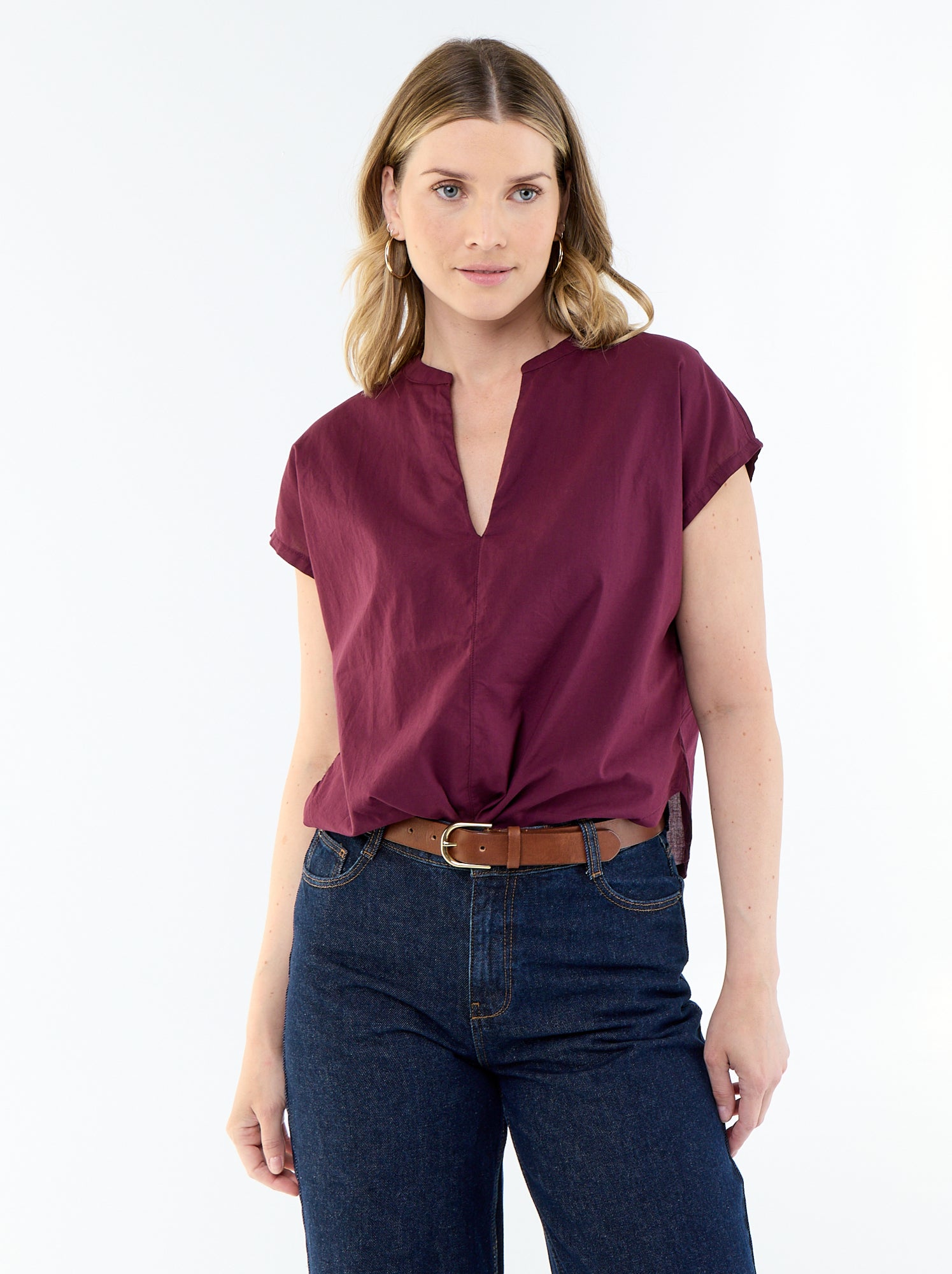 Blouse à manches courtes et col V - Rose