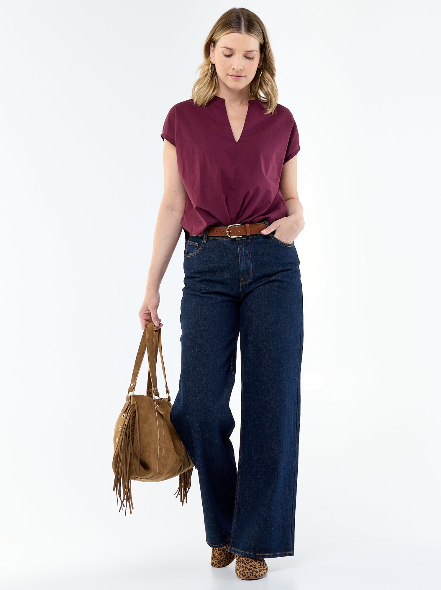 Blouse à manches courtes et col V - Rose