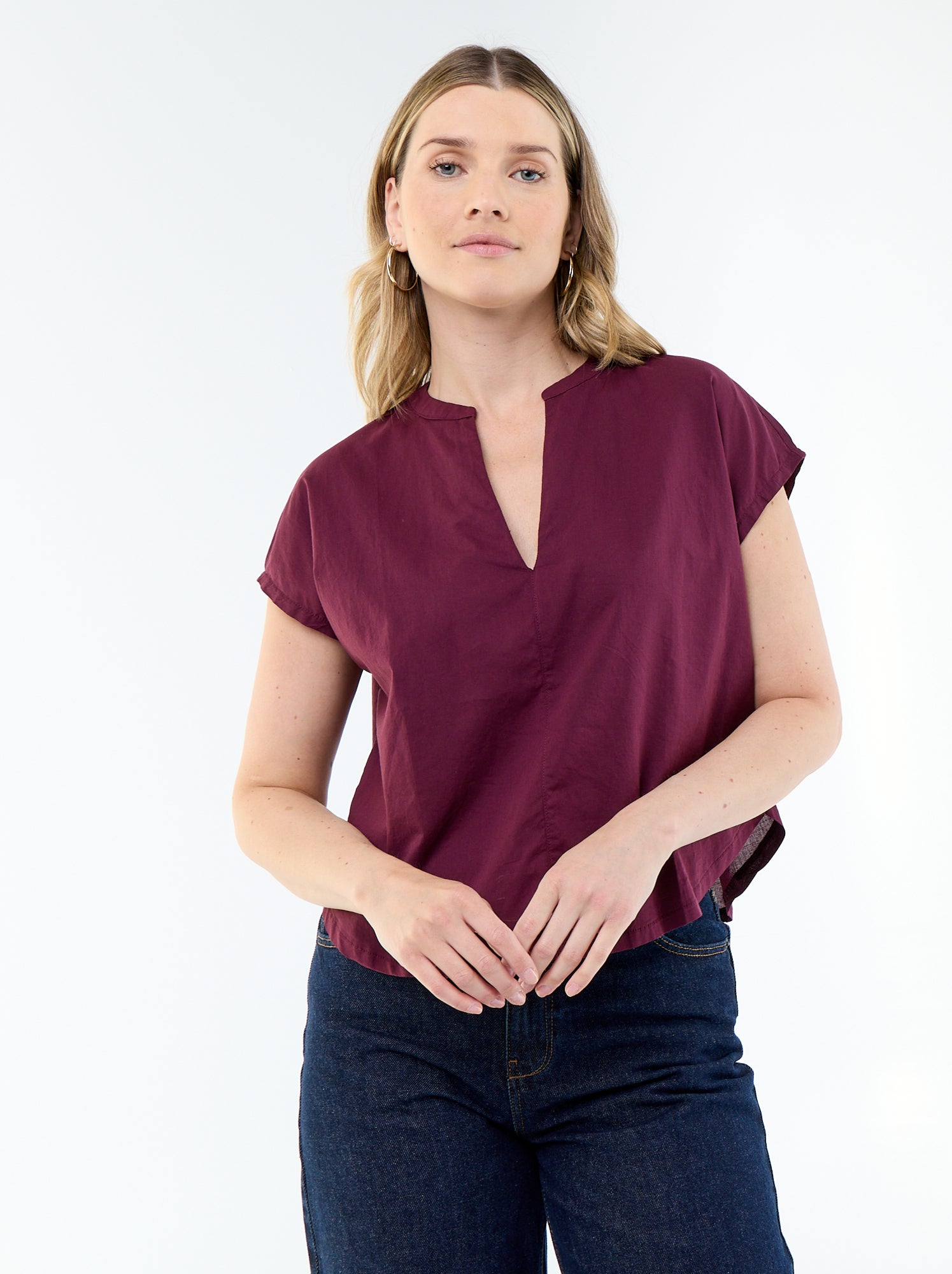 Blouse à manches courtes et col V - Rose