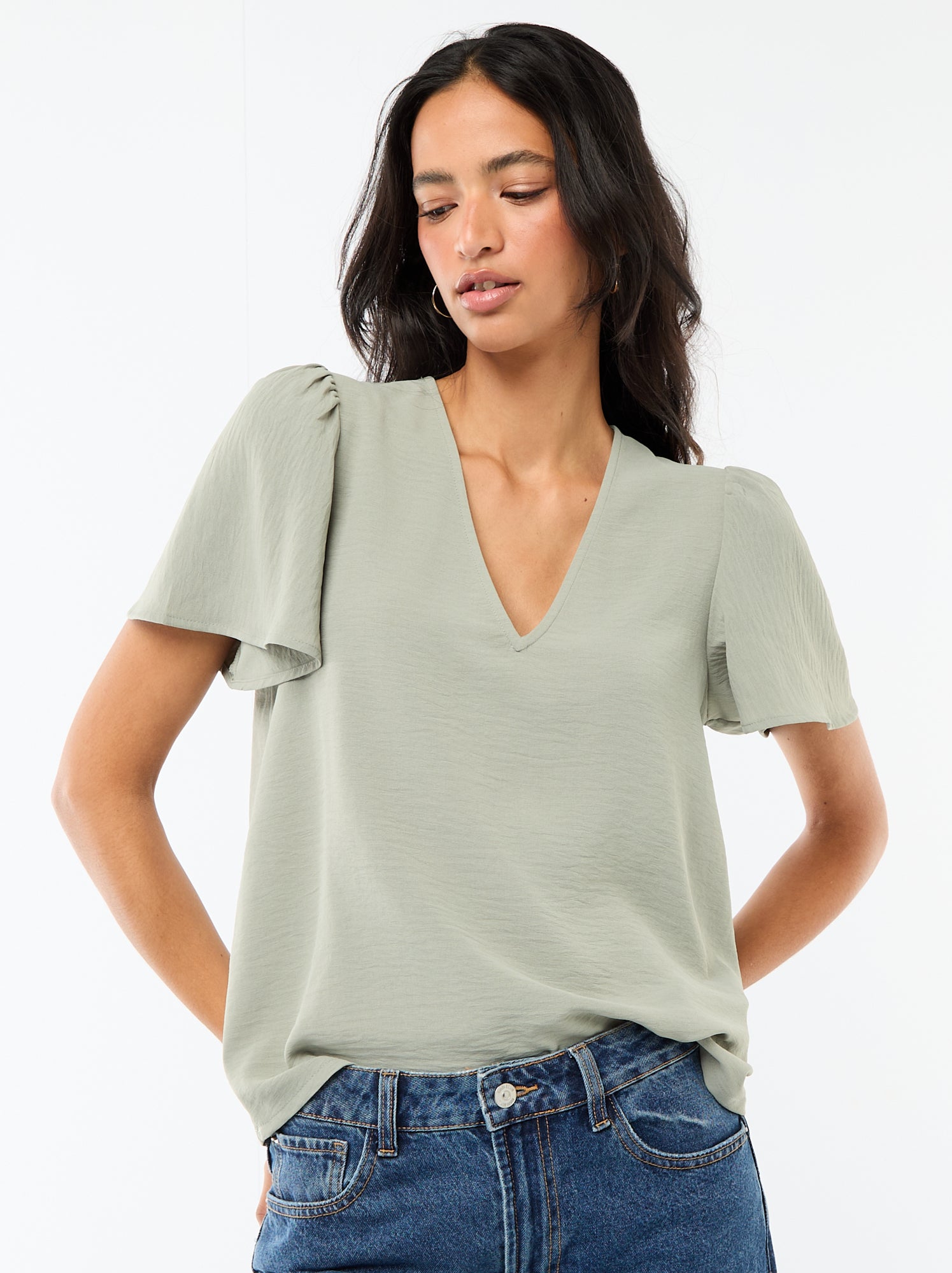 Blouse à manches courtes et col V - Vert