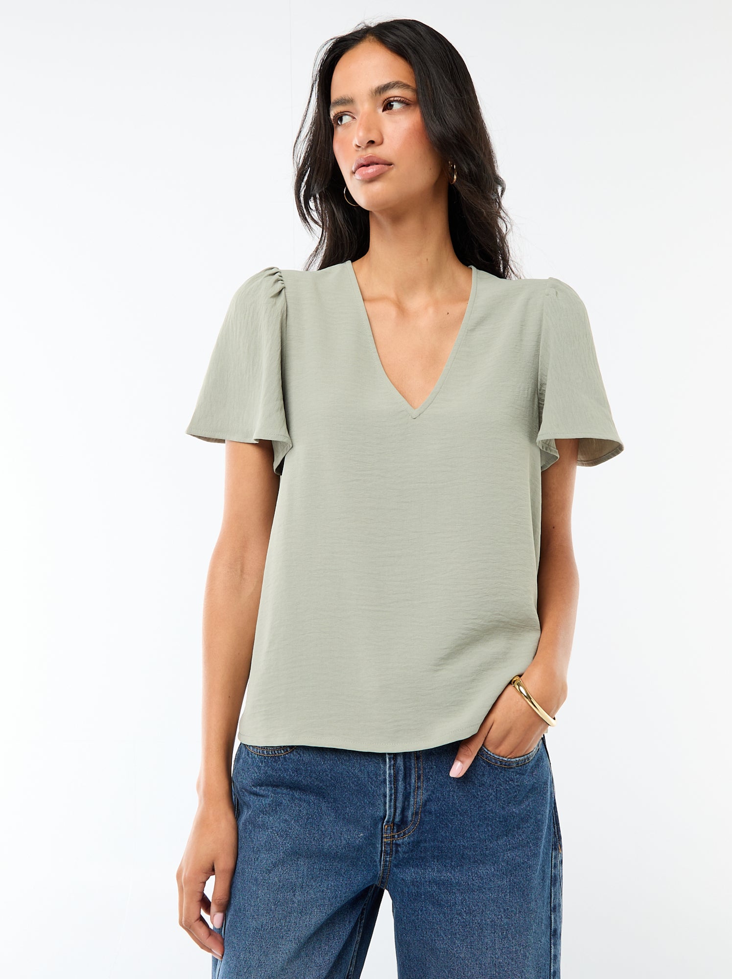 Blouse à manches courtes et col V - Vert