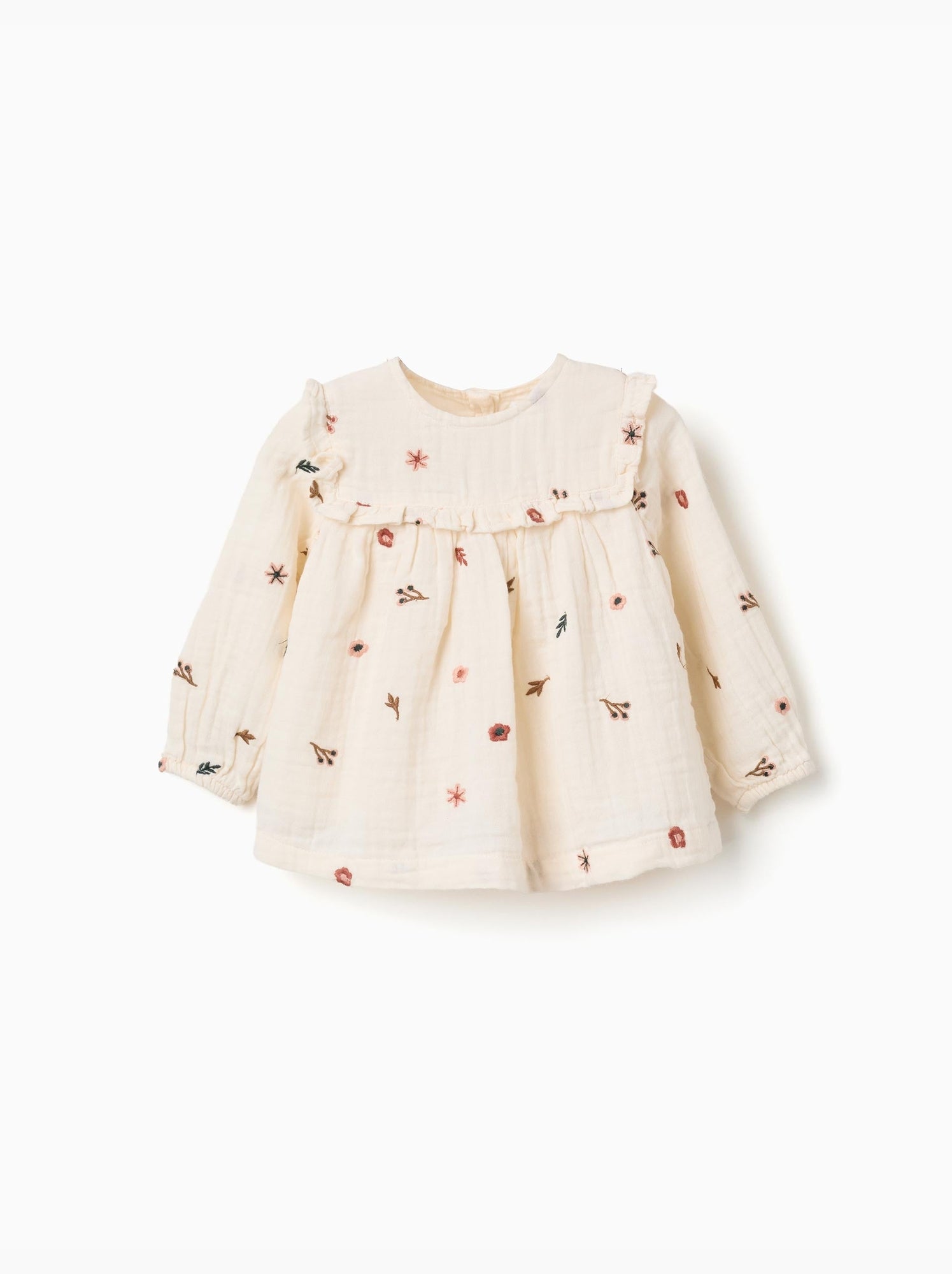Blouse en coton à manches longues avec fleurs brodées - Blanc
