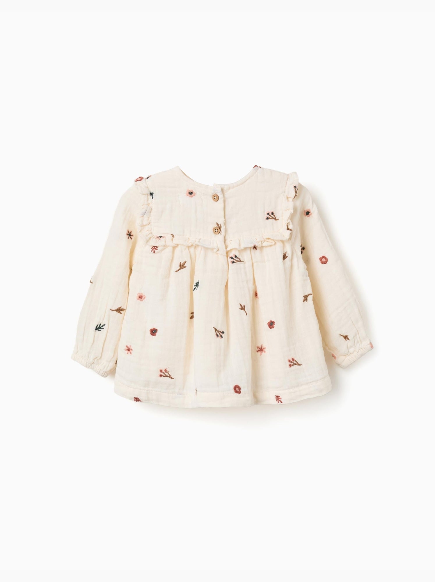 Blouse en coton à manches longues avec fleurs brodées - Blanc