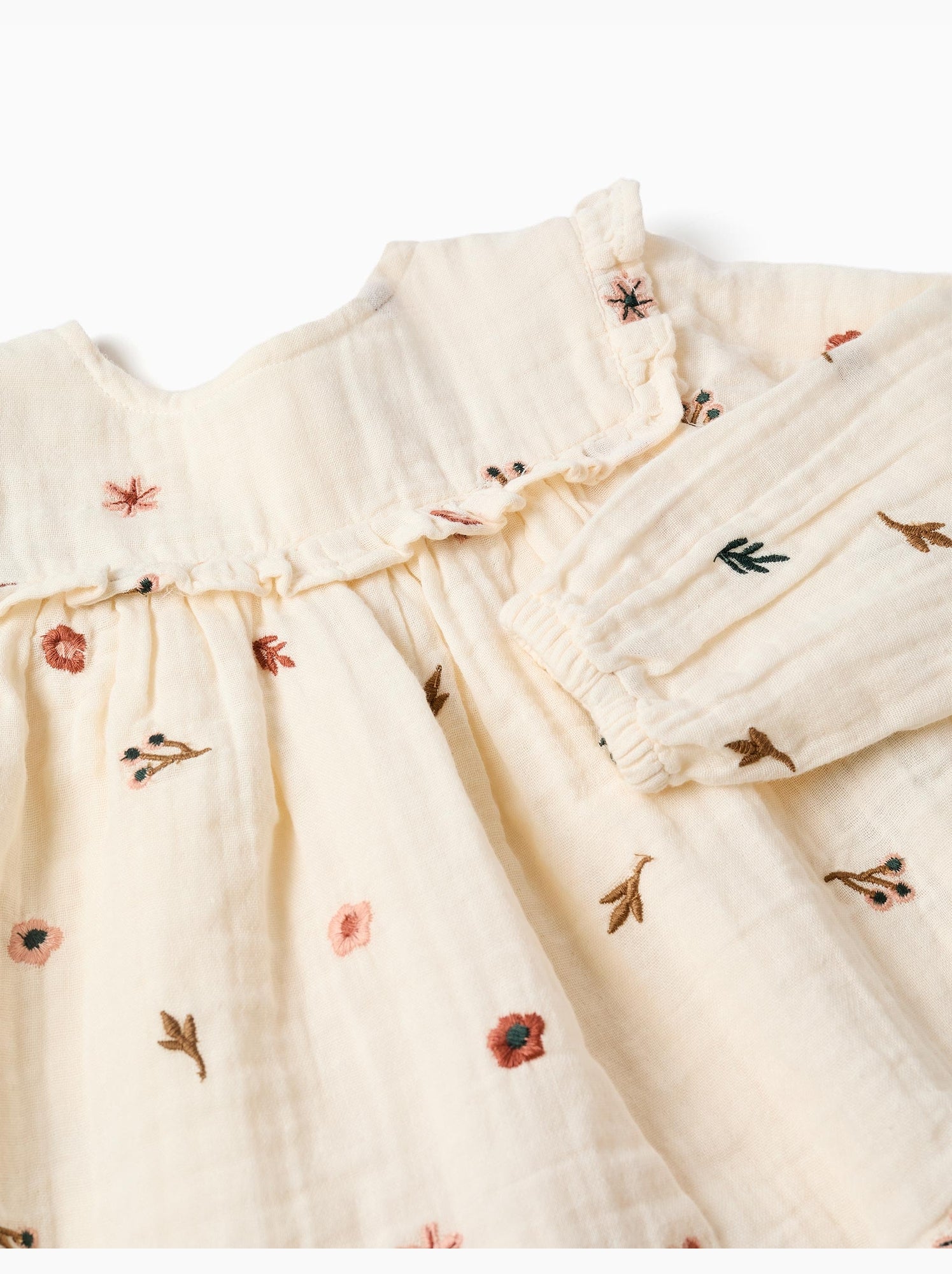 Blouse en coton à manches longues avec fleurs brodées - Blanc