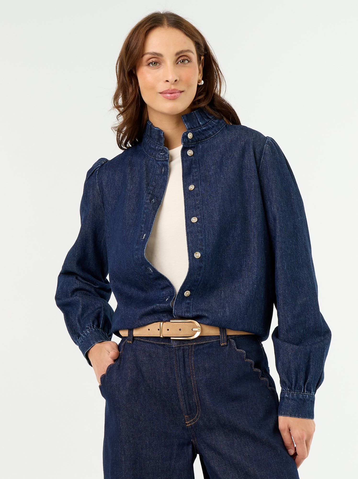 Blouse en denim avec col volanté - Bleu (GJM17_1)