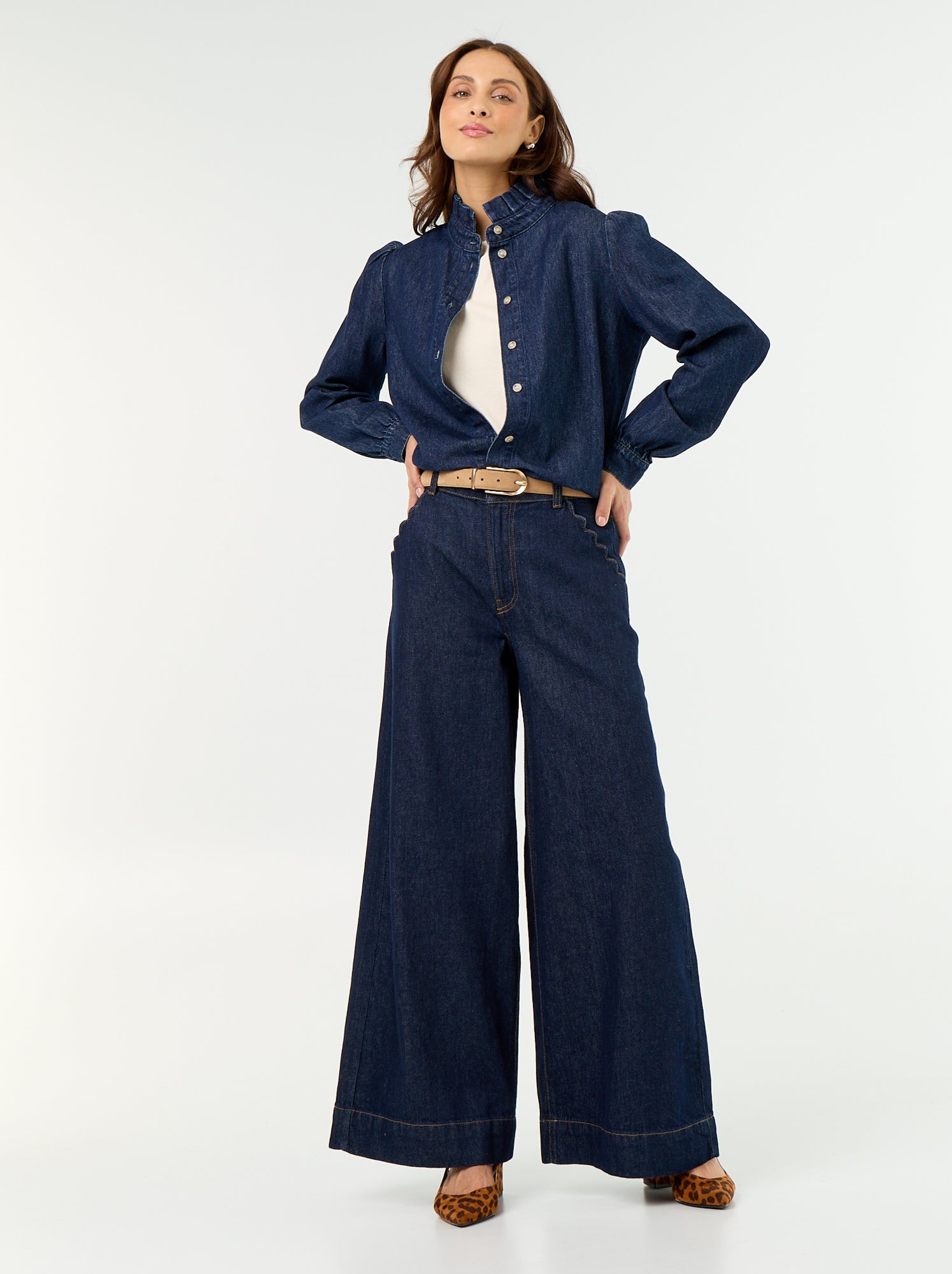Blouse en denim avec col volanté - Bleu (GJM17_1)