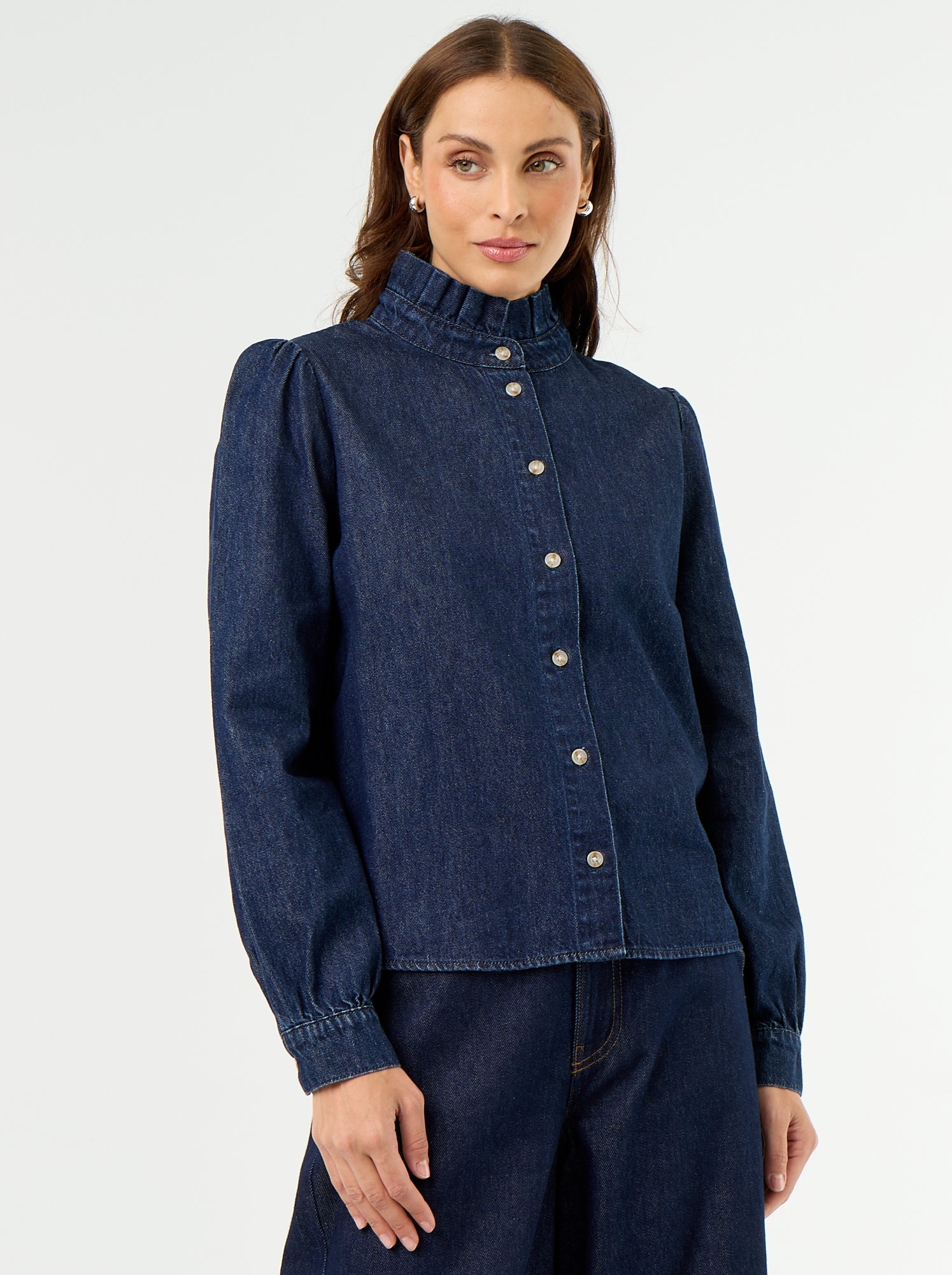 Blouse en denim avec col volanté - Bleu (GJM17_1)