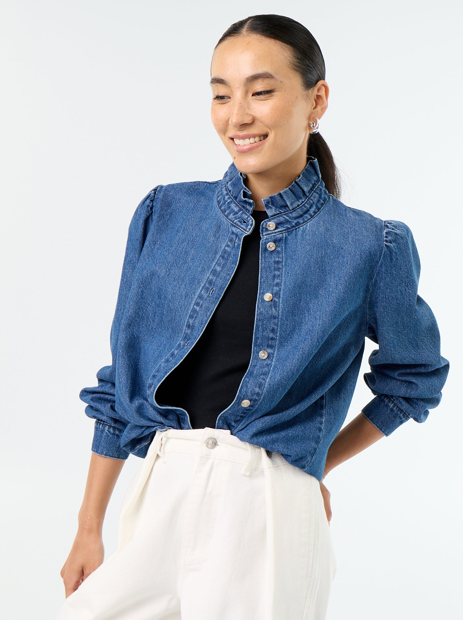 Blouse en denim avec col volanté - Bleu (GJM17_2)