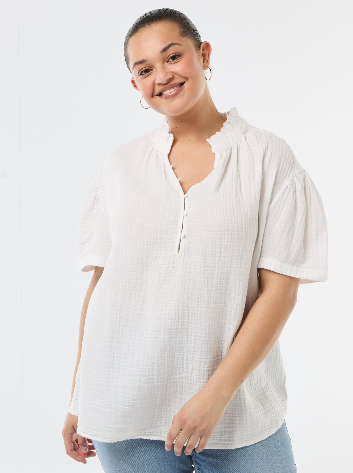 Blouse en gaze de coton avec col froncé - Blanc