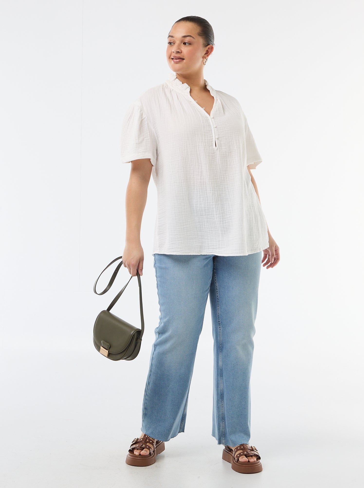 Blouse en gaze de coton avec col froncé - Blanc