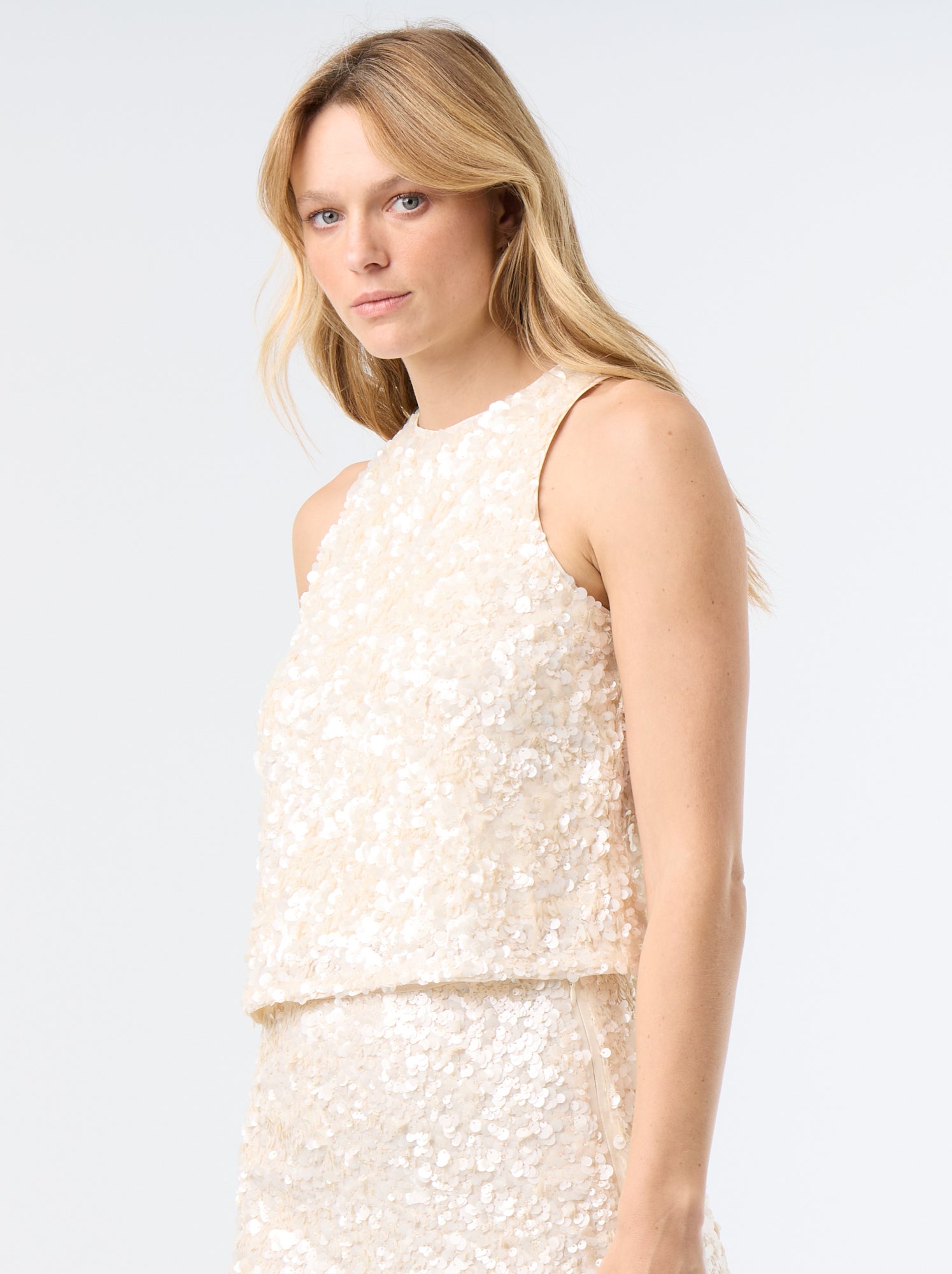 Blouse en sequins sans manches - Beige