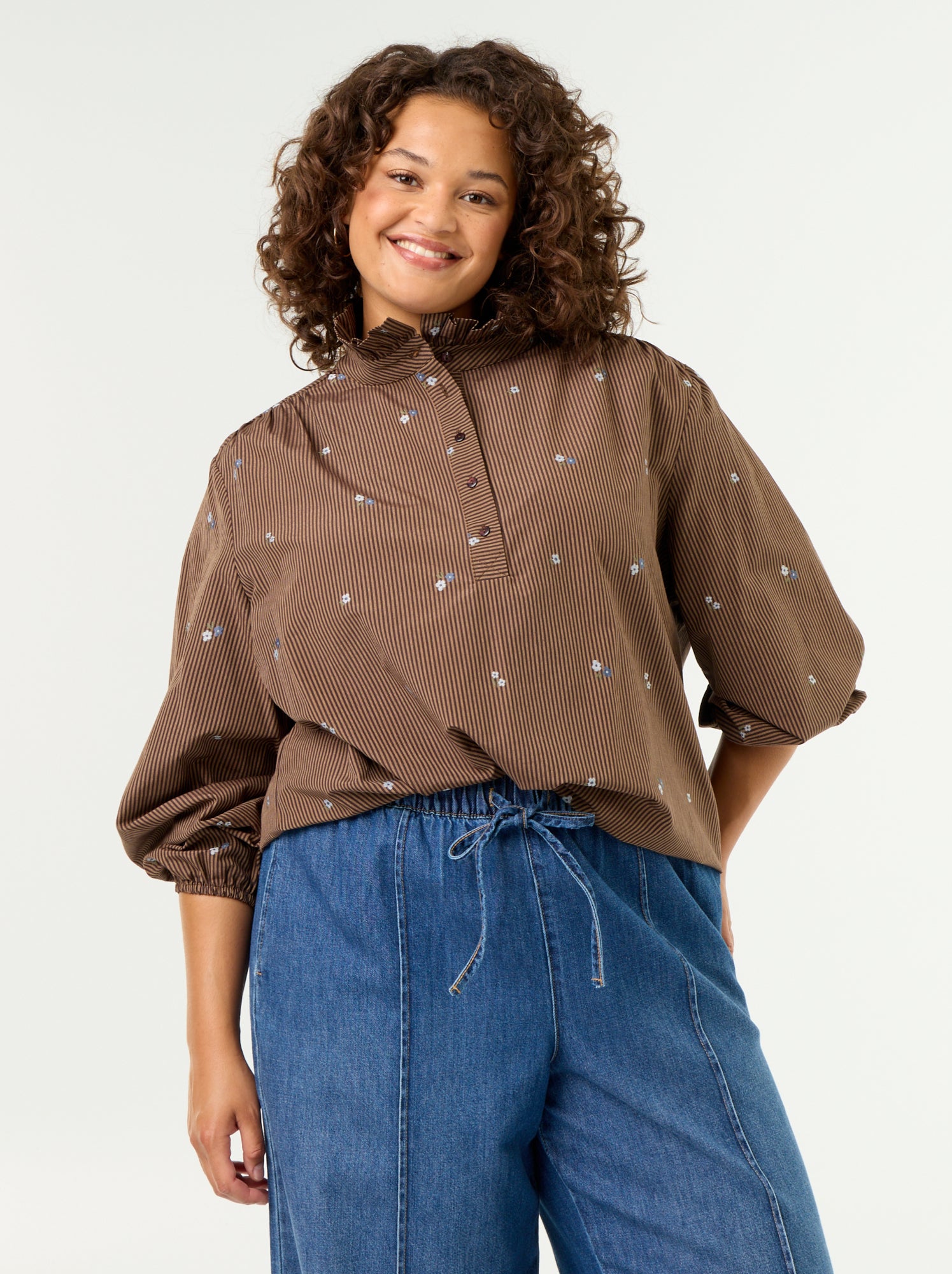 Blouse fleurs brodées avec col montant - Marron