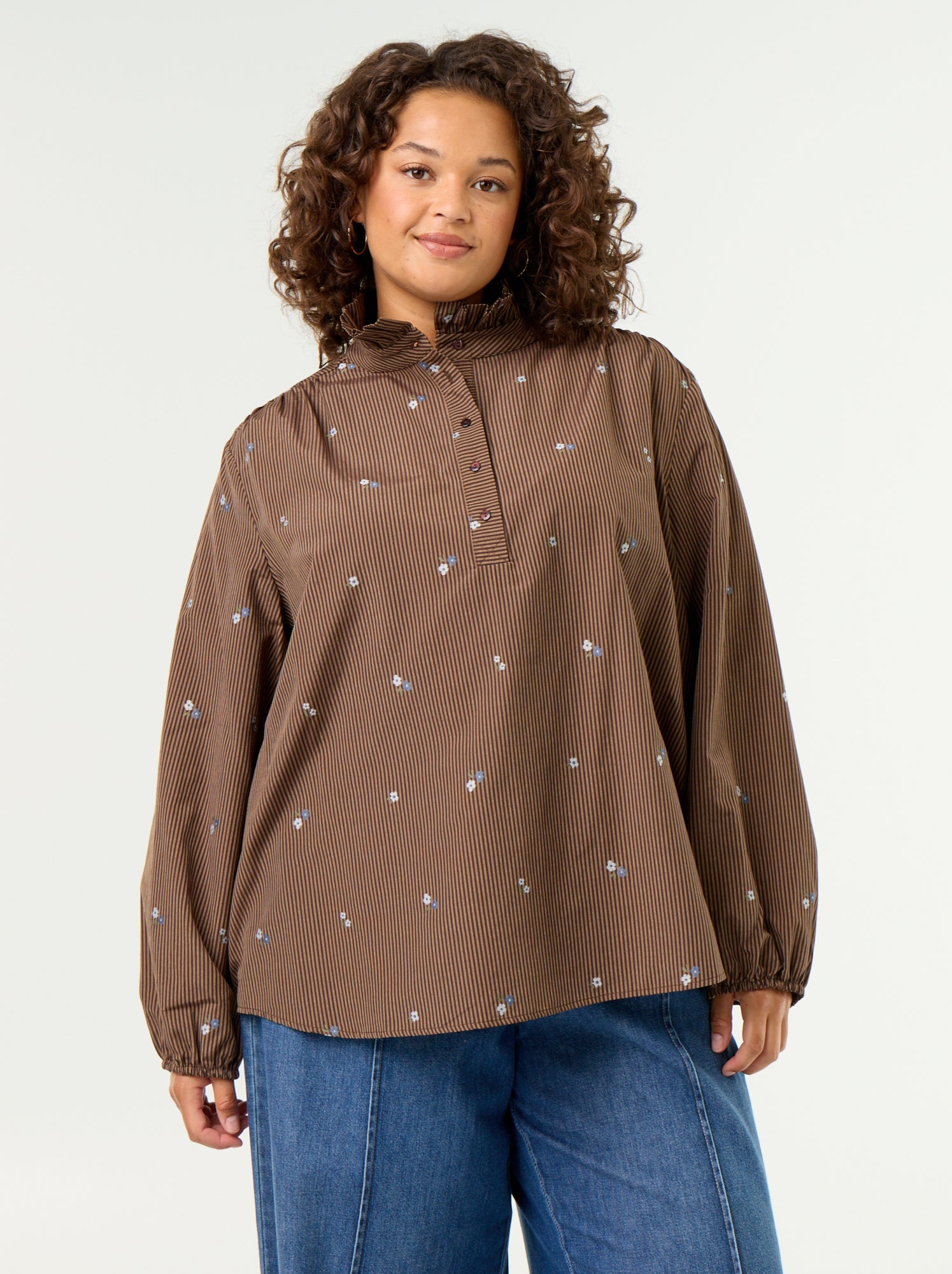 Blouse fleurs brodées avec col montant - Marron