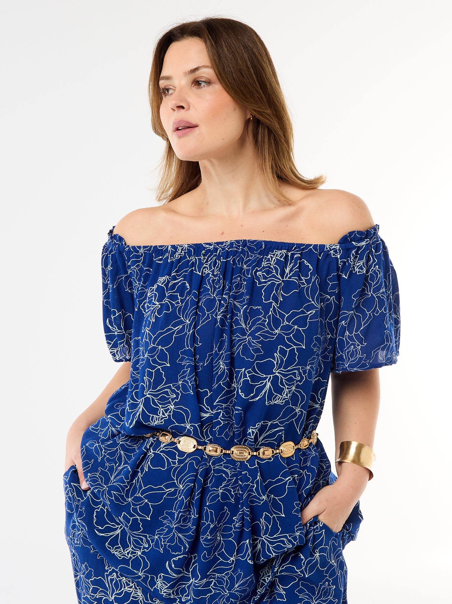 Blouse fluide crêpée à manches courtes - Bleu (FFB55_3)