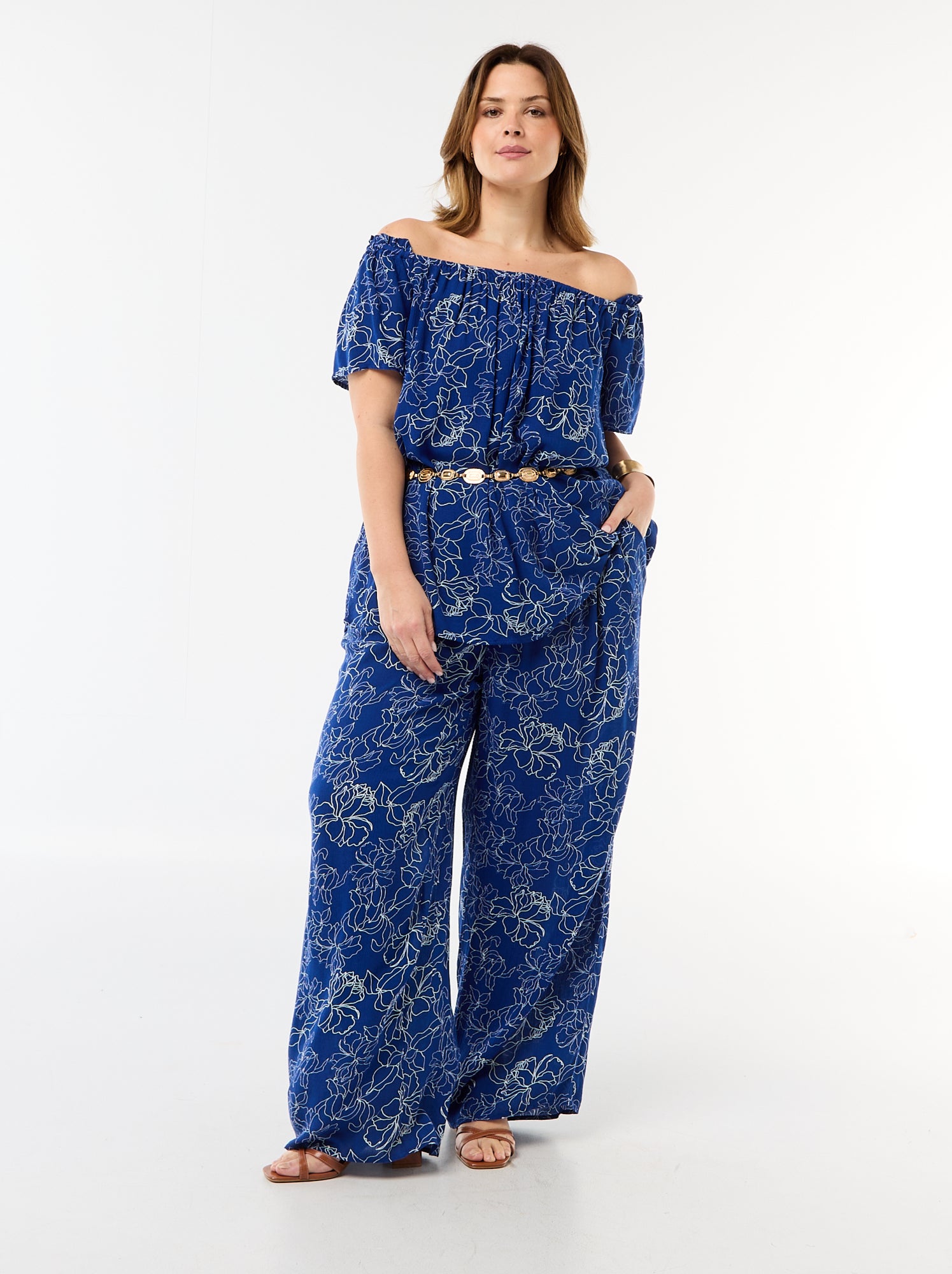 Blouse fluide crêpée à manches courtes - Bleu (FFB55_3)