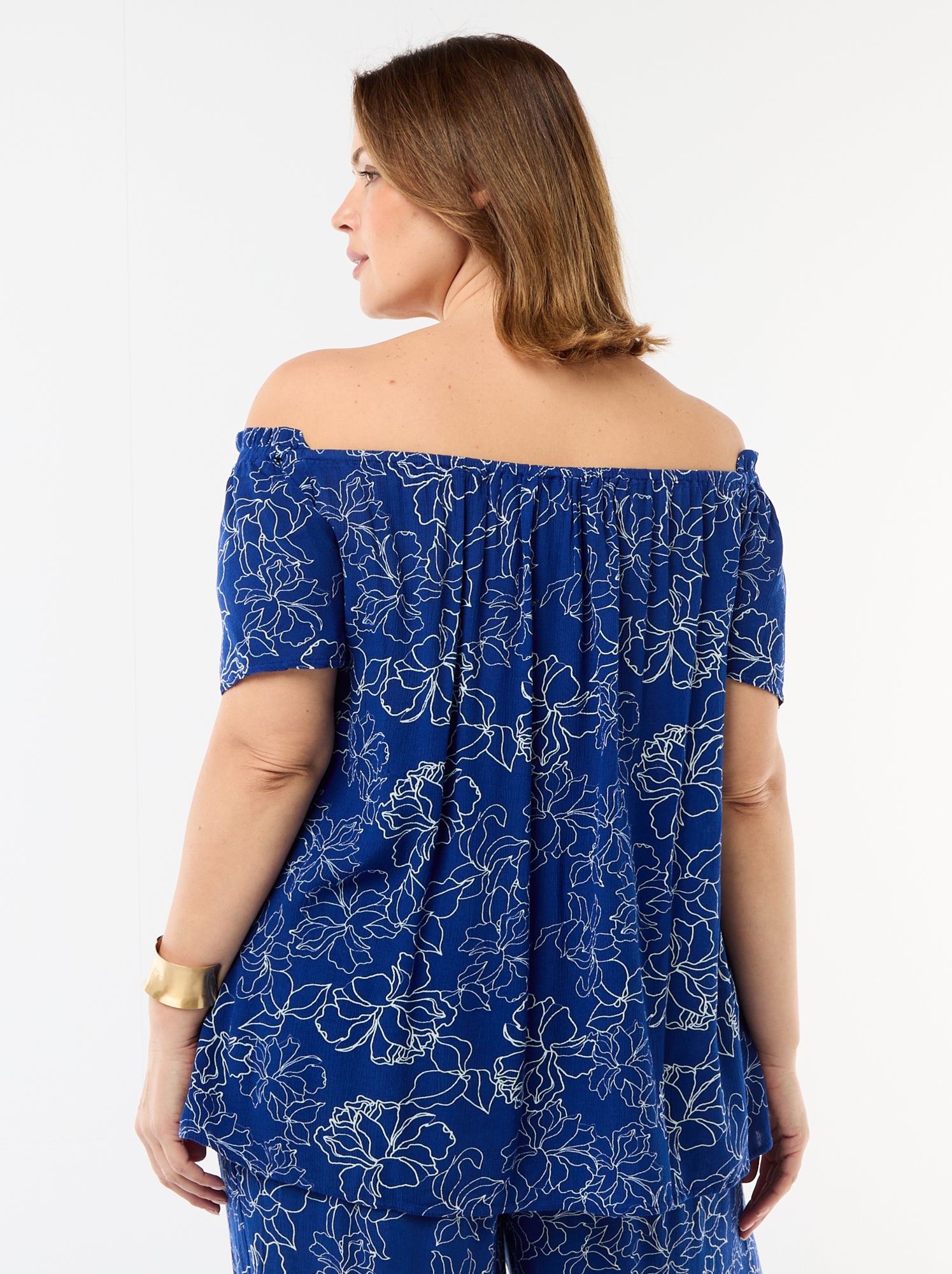 Blouse fluide crêpée à manches courtes - Bleu (FFB55_3)