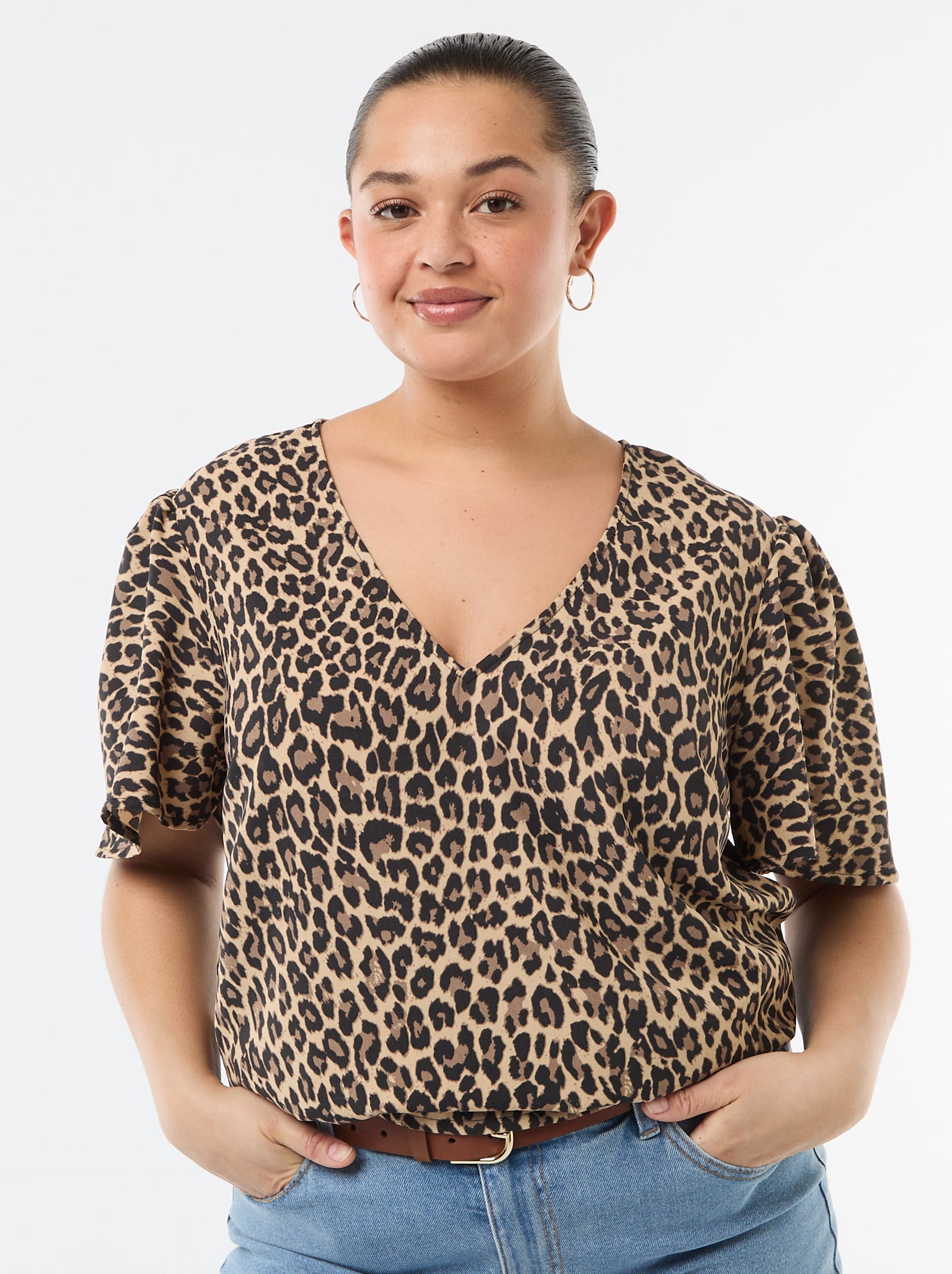 Blouse fluide uni à manches courtes - Beige