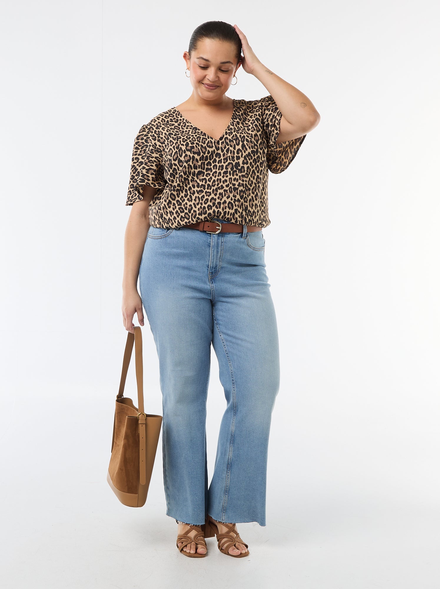 Blouse fluide uni à manches courtes - Beige