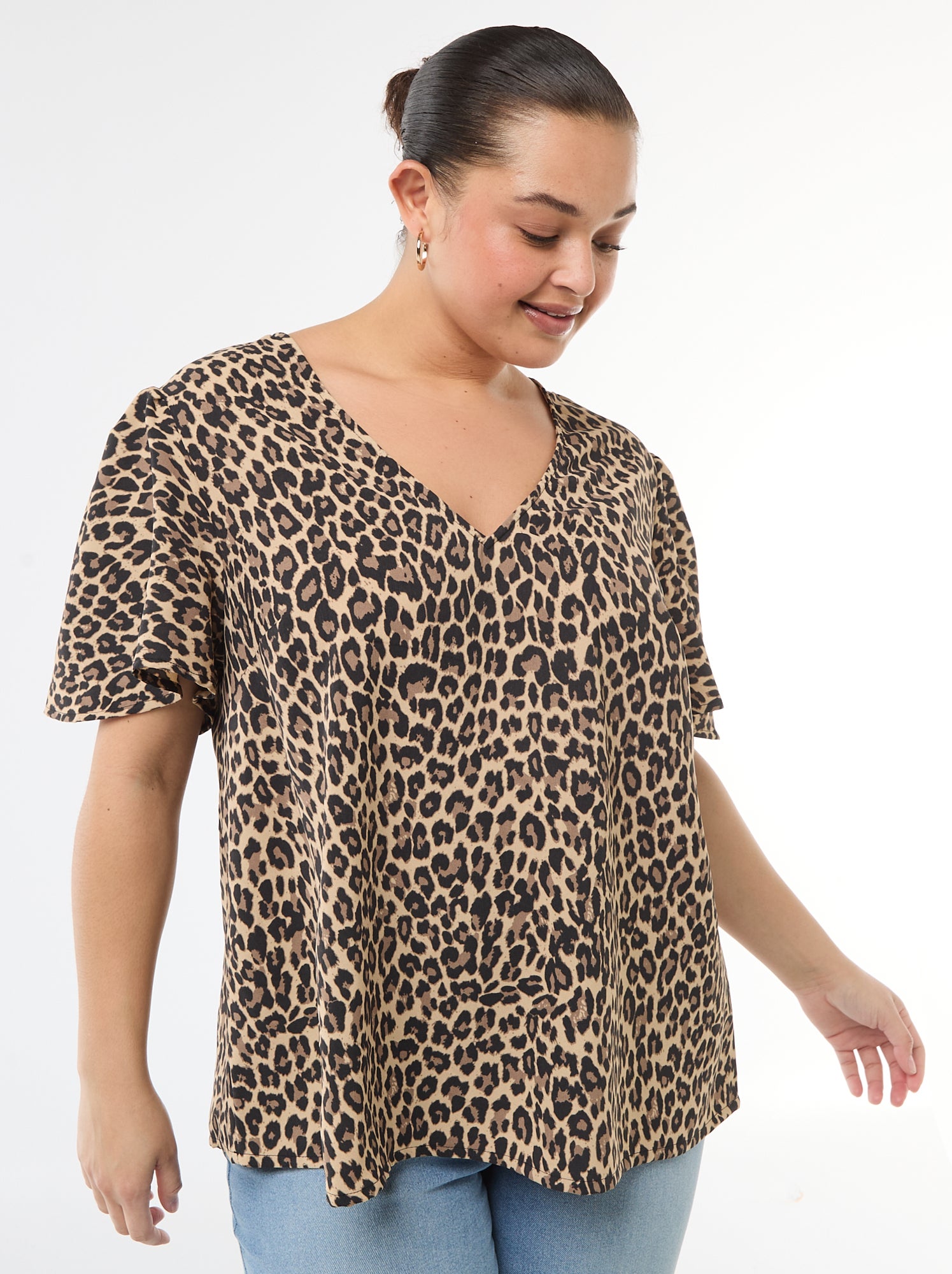 Blouse fluide uni à manches courtes - Beige