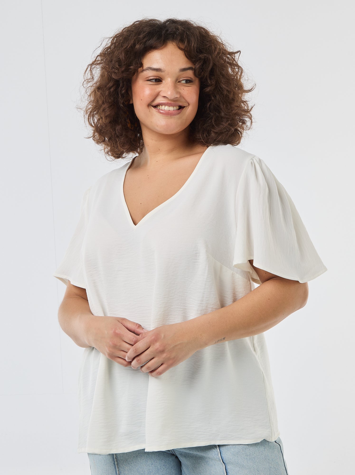 Blouse fluide uni à manches courtes - Blanc