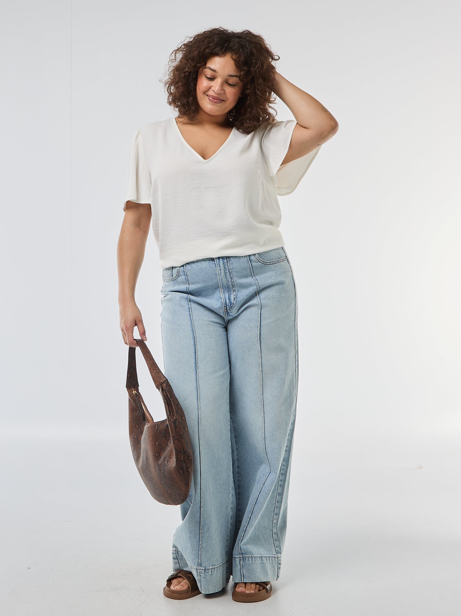 Blouse fluide uni à manches courtes - Blanc