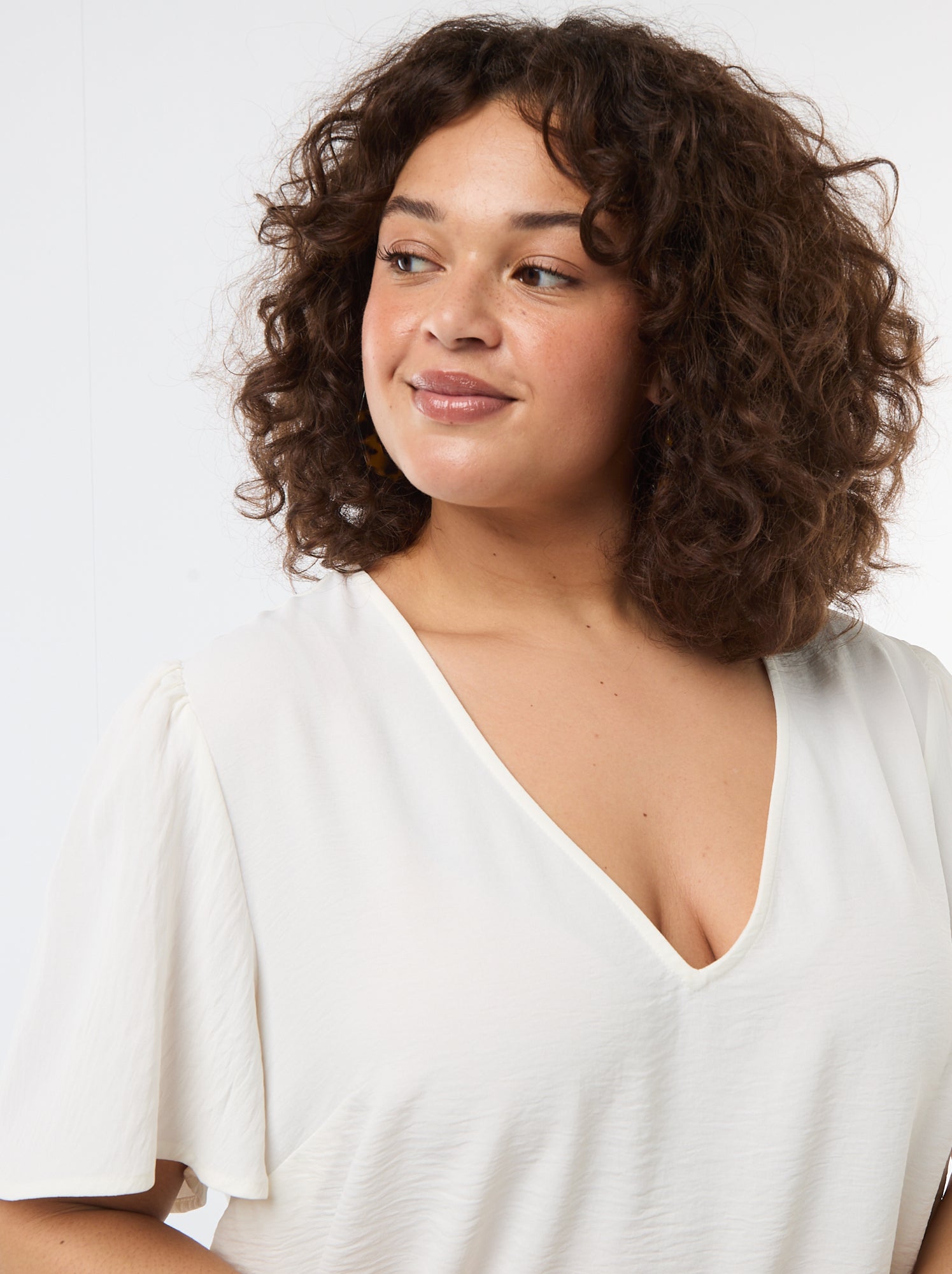 Blouse fluide uni à manches courtes - Blanc