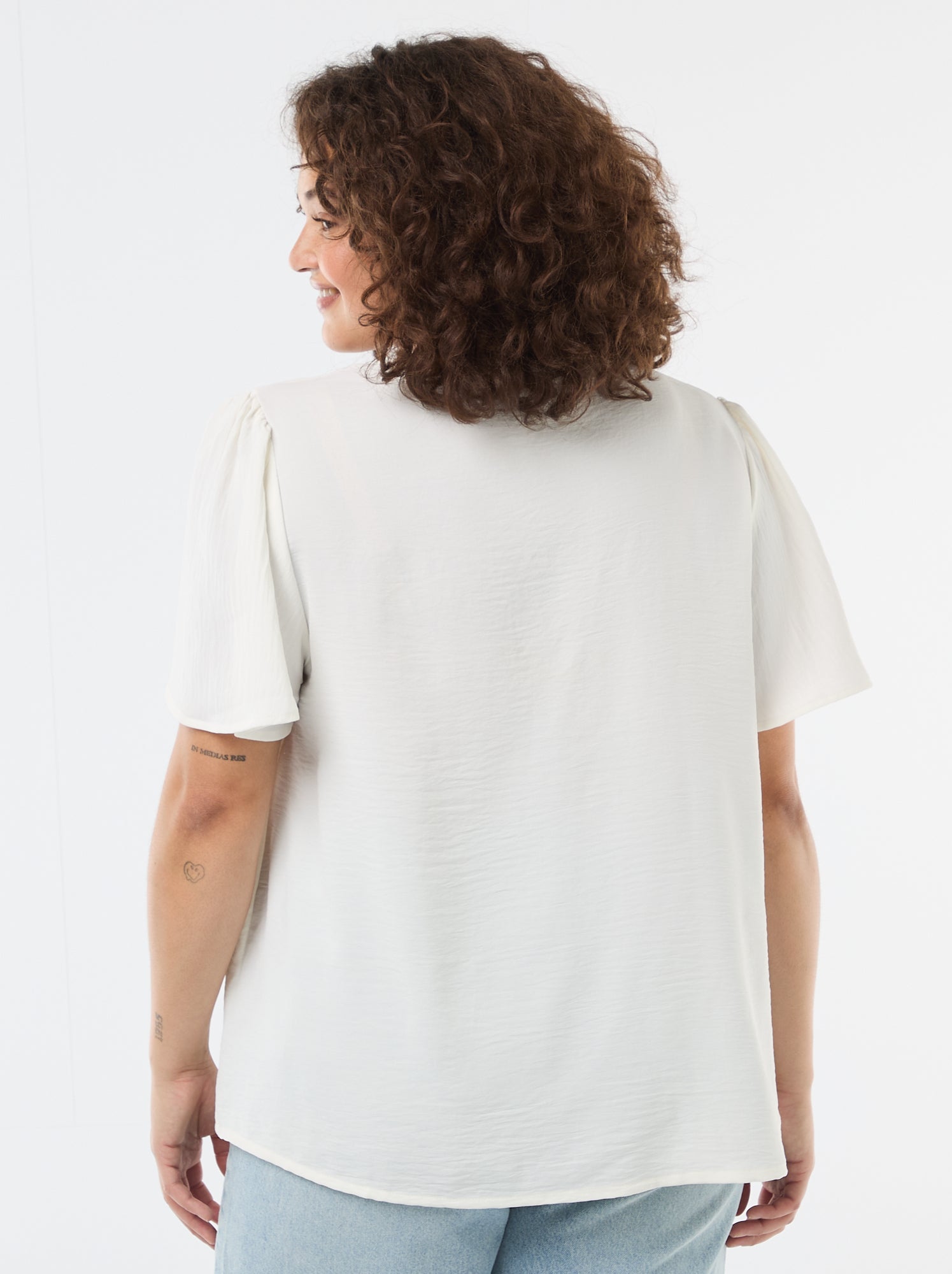 Blouse fluide uni à manches courtes - Blanc