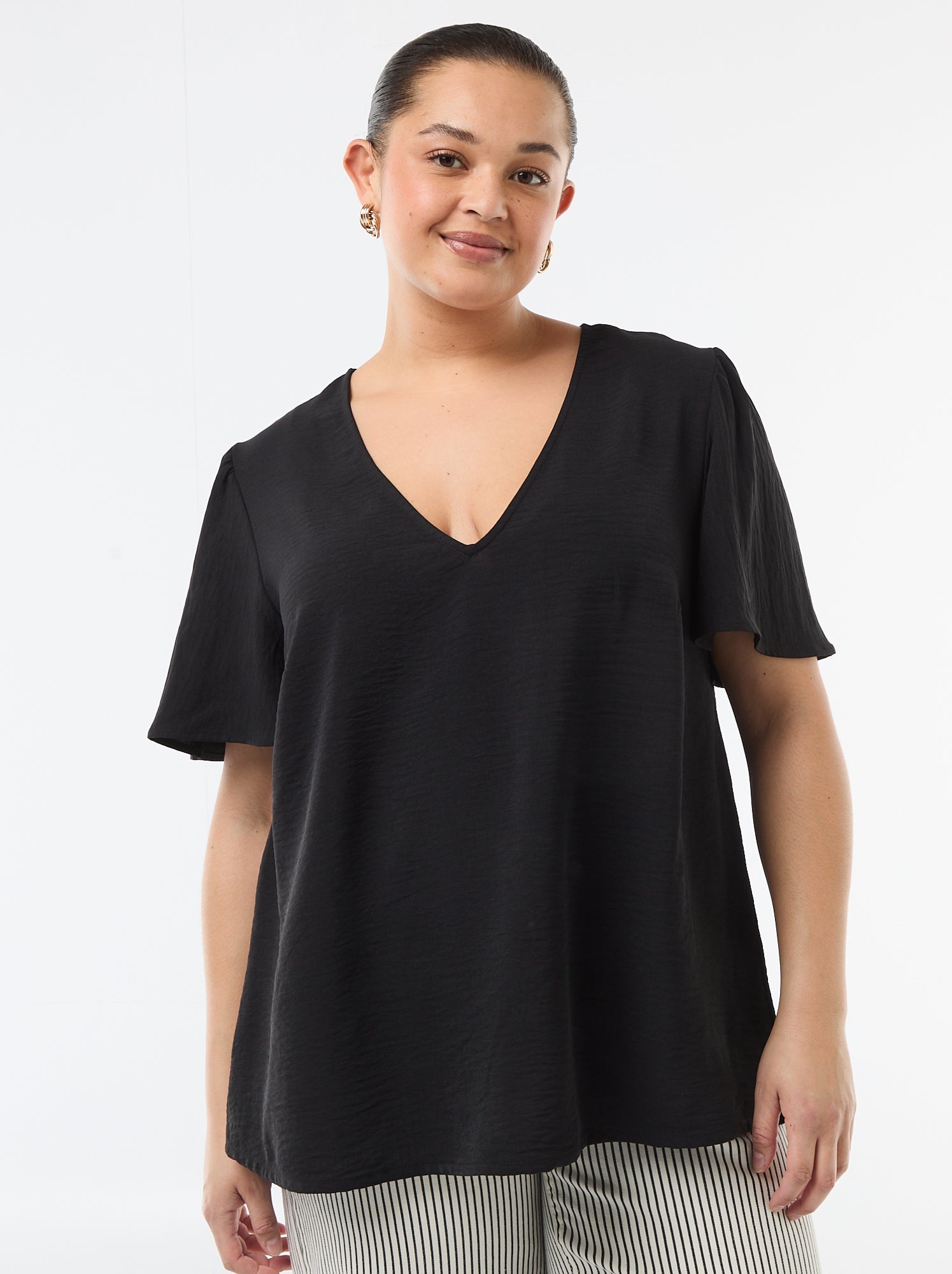 Blouse fluide uni à manches courtes - Noir