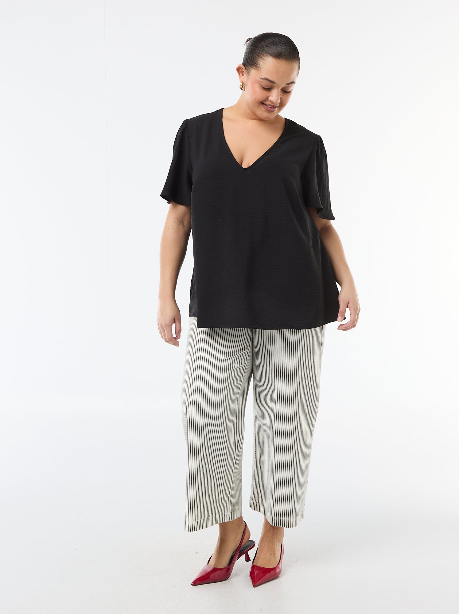 Blouse fluide uni à manches courtes - Noir