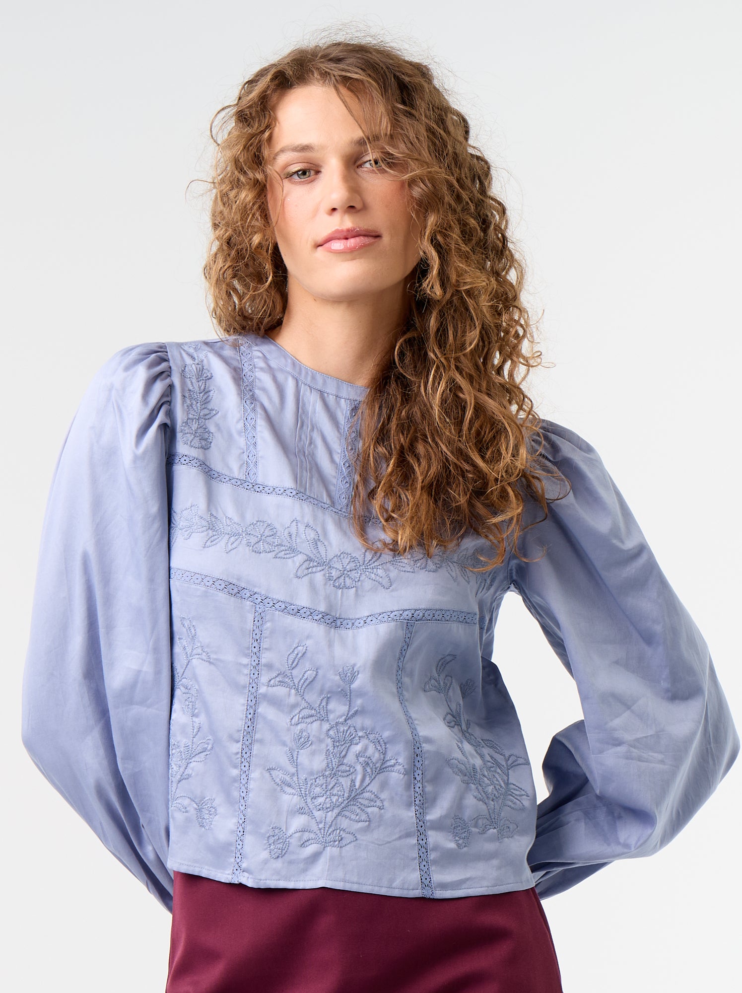 Blouse manches longues avec broderies - Bleu