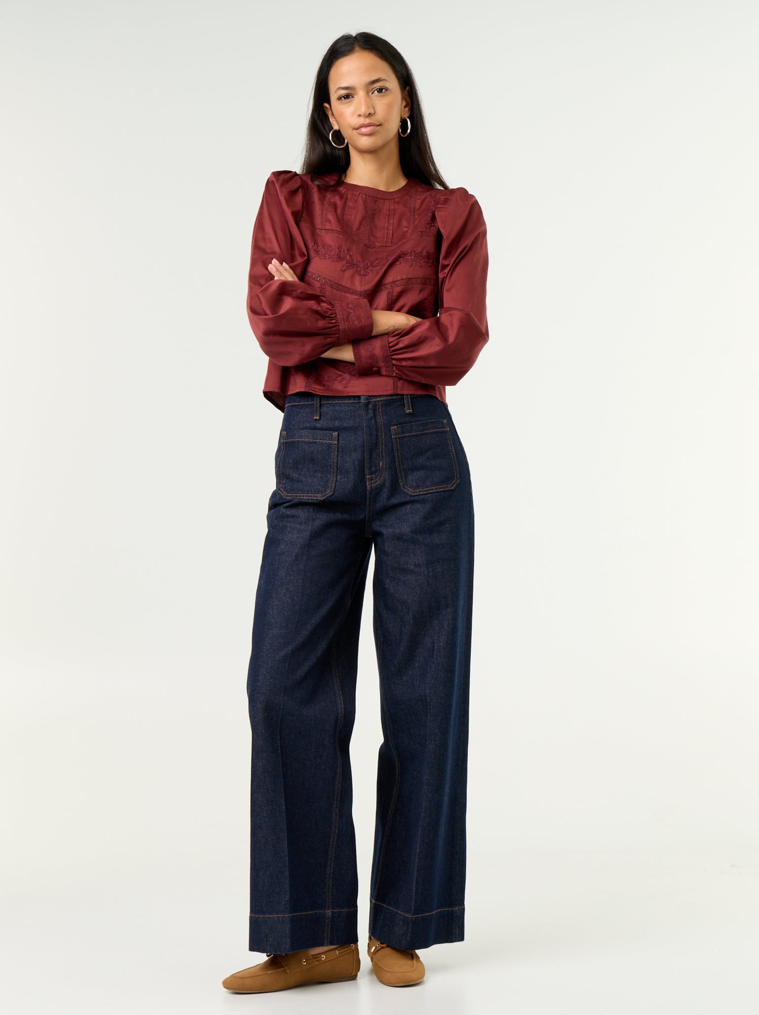 Blouse manches longues avec broderies - Rouge