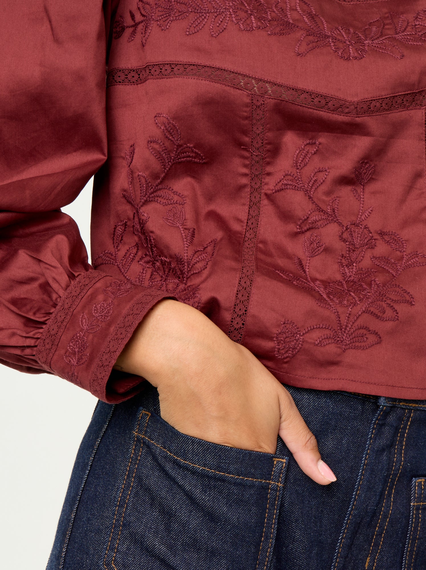 Blouse manches longues avec broderies - Rouge