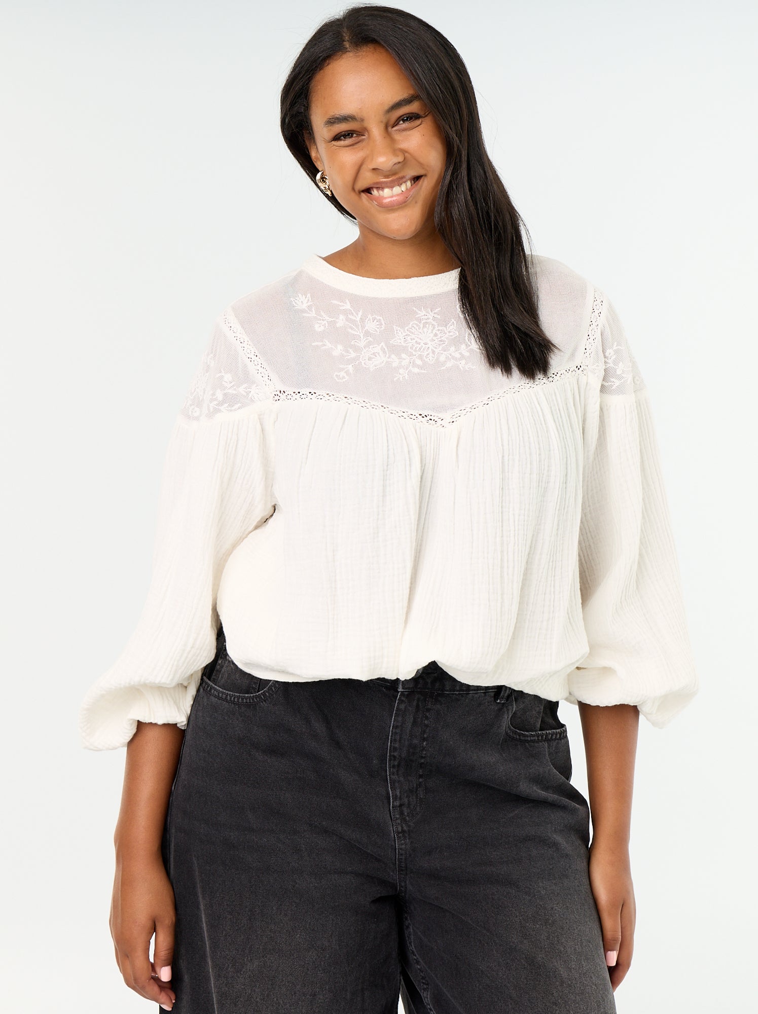 Blouse uni en gaze de coton et dentelle - Blanc
