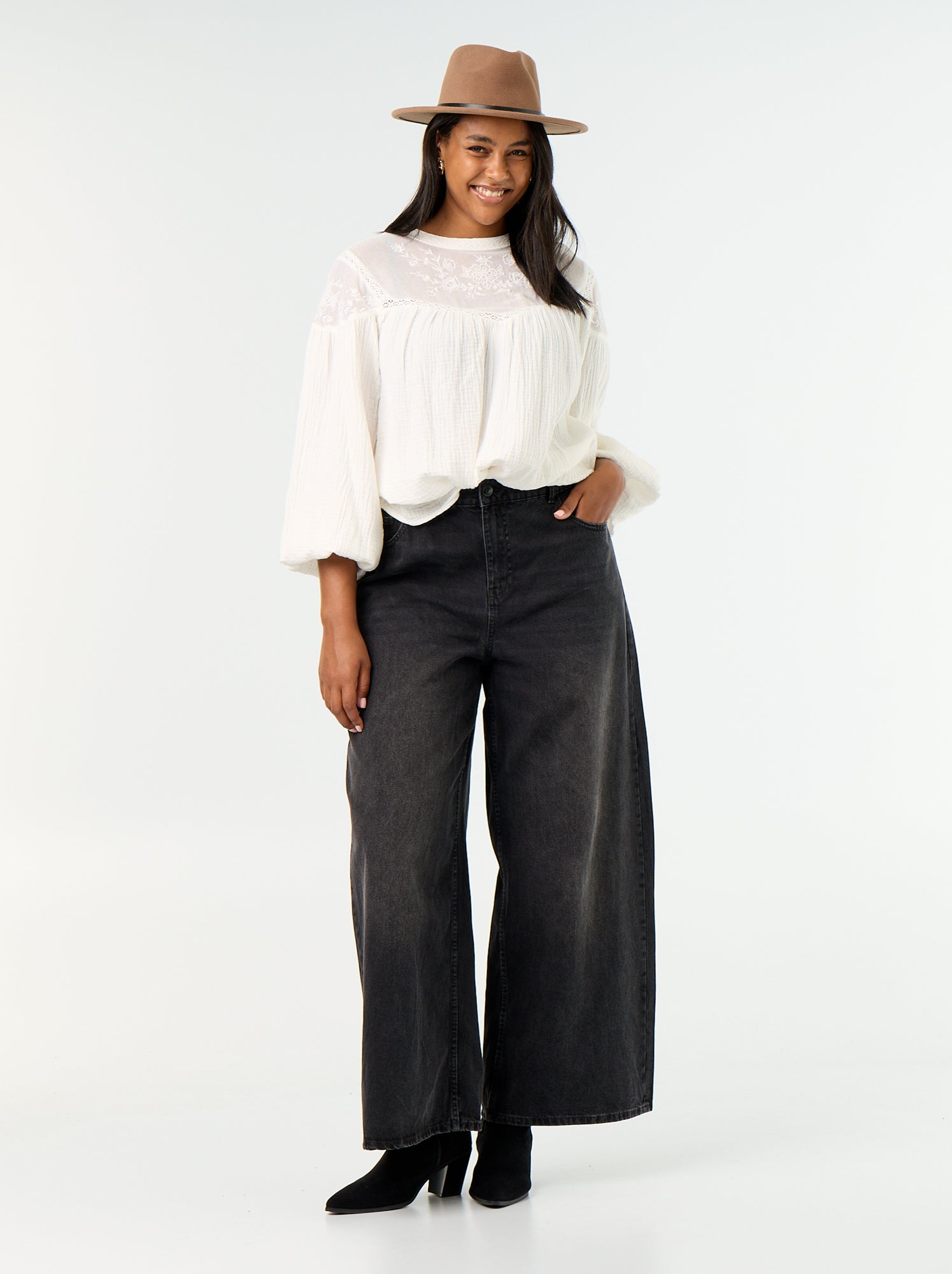 Blouse uni en gaze de coton et dentelle - Blanc