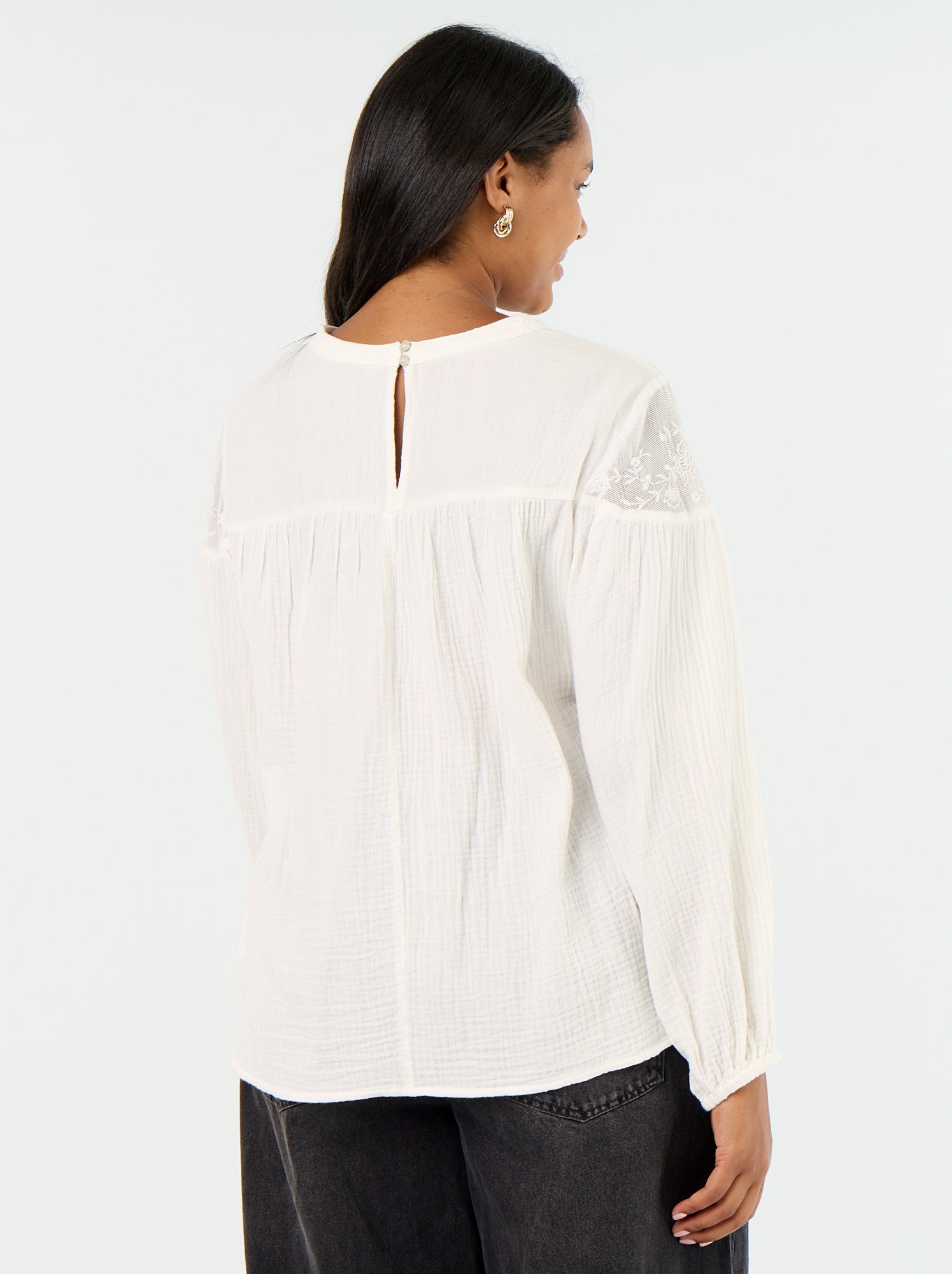 Blouse uni en gaze de coton et dentelle - Blanc
