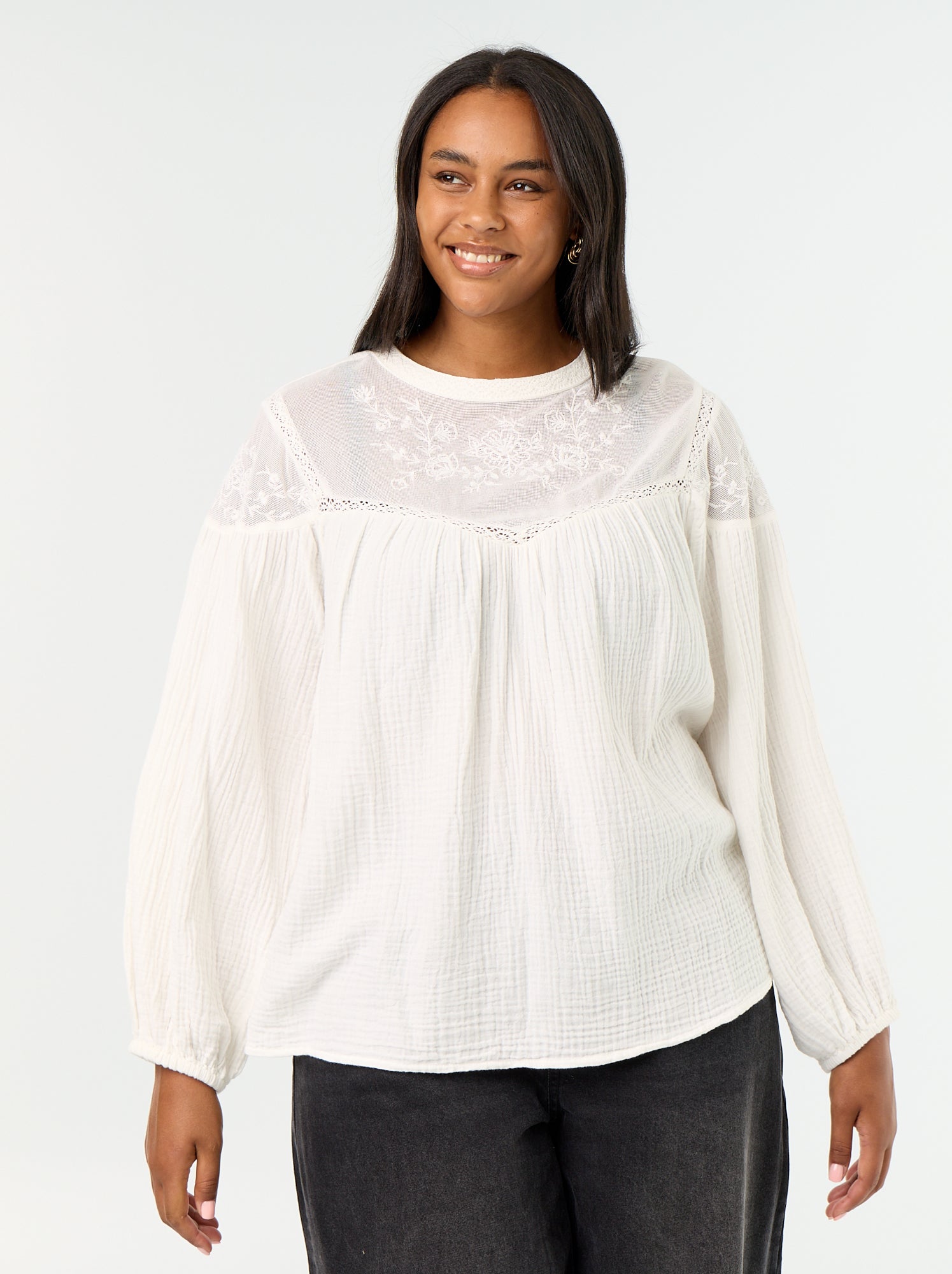 Blouse uni en gaze de coton et dentelle - Blanc