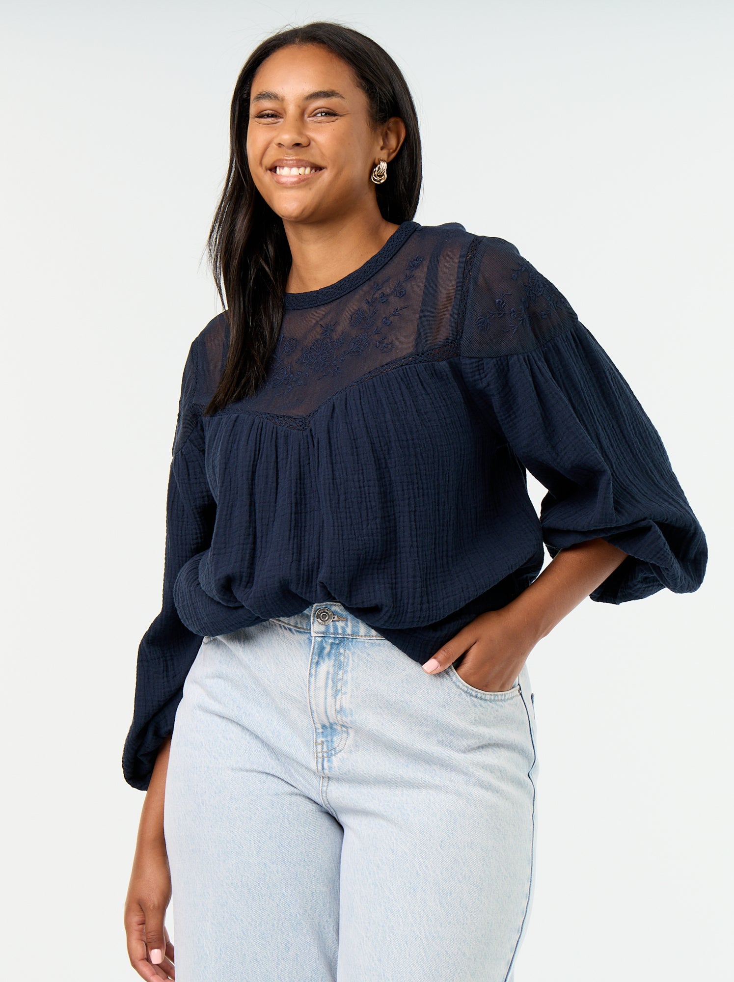 Blouse uni en gaze de coton et dentelle - Bleu