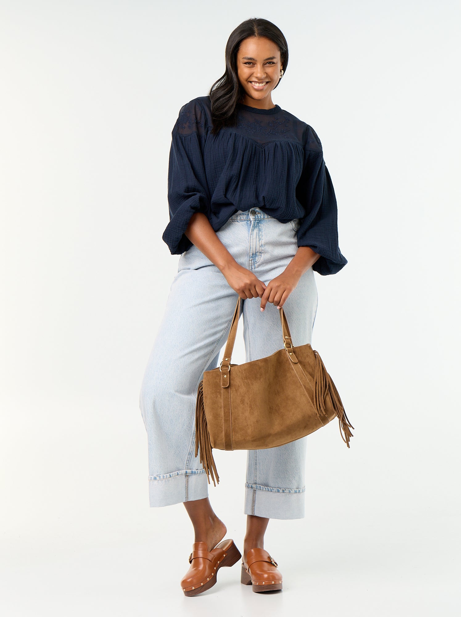 Blouse uni en gaze de coton et dentelle - Bleu